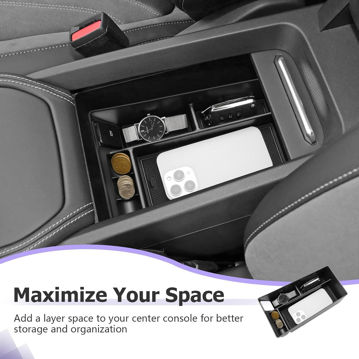 LUWU 2024 Mustang Mach E Center Console Organizer for 2021-2024 Ford Mustang Mach E Select/Premium/GT Accessories Armrest Console Storage Box Glove Organizer Tray ABS Material (Black)