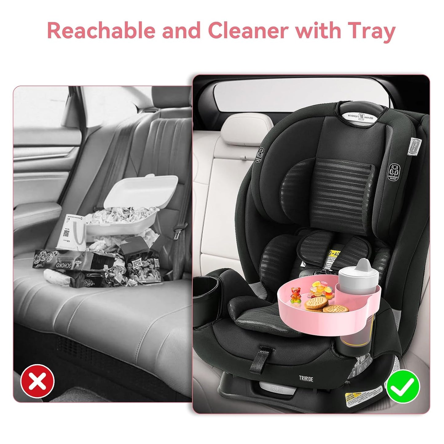 Car Seat Snack Tray: Travel Tray for Kids Carseat Cup Holder with Food Trays, Stroller Snacks Plate for Toddlers, Kid Road Trip Essentials, Pink