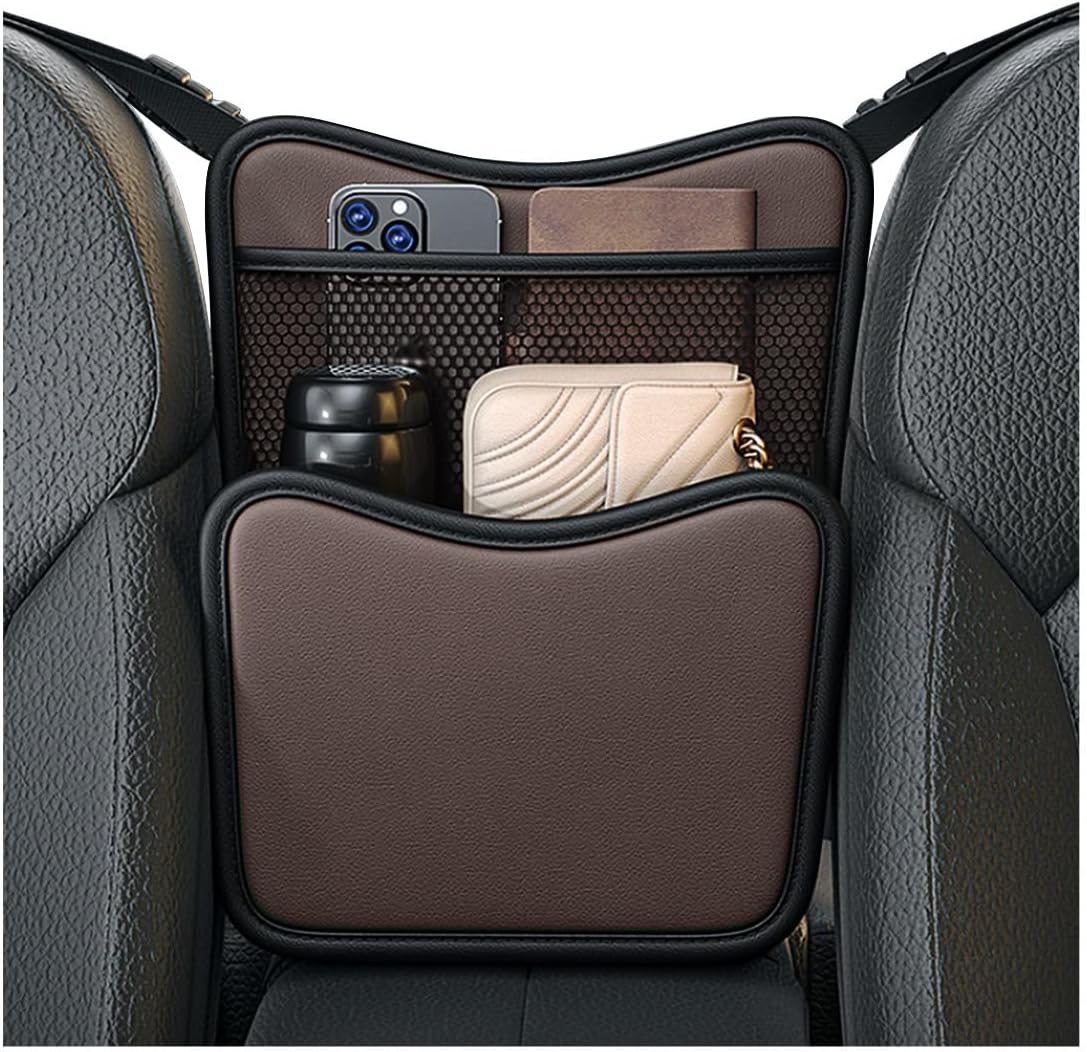 DXNQ Car Organizer Storage Between Seats, Leather Large Capacity Automobile Handbag Hanging Store Content Bag, Auto Console Organizer Holder for Snack Phone Document Storages, Car Accessories (Brown)