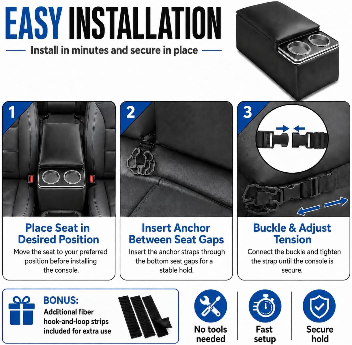 NVS Universal Truck Center Console Organizer for Bench Seat Trucks & SUVs, Heavy Duty ABS Storage Console with Dual Cup Holders and Padded Armrest, Black