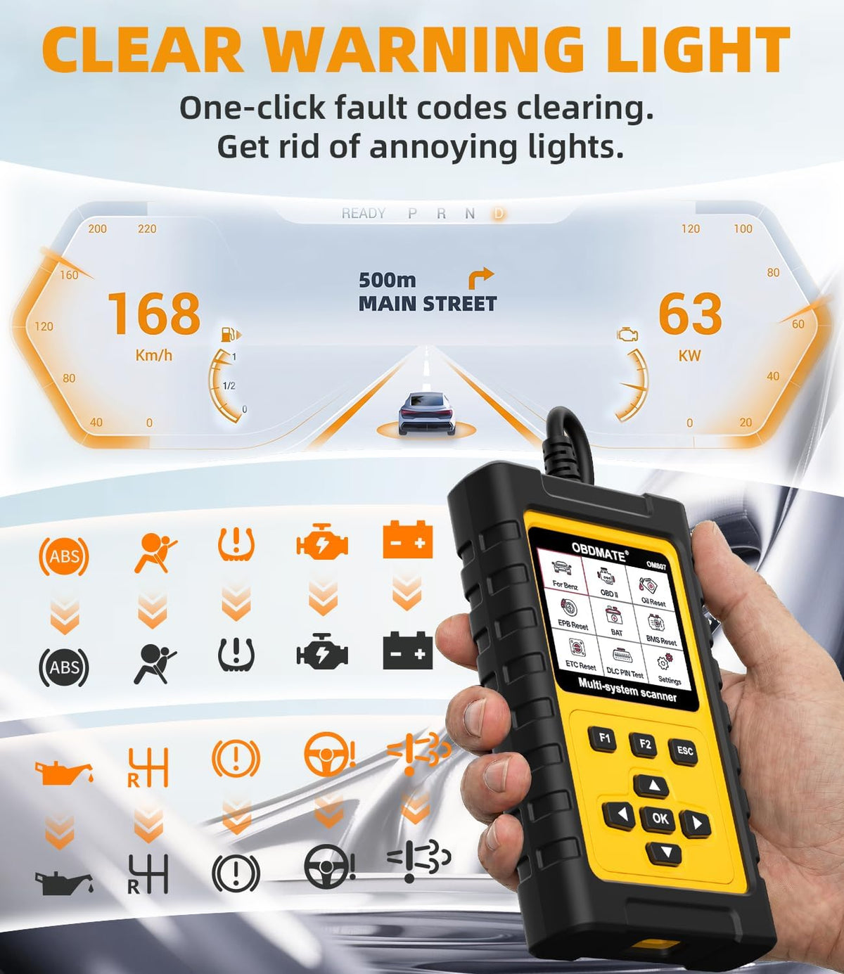 OBD2 Scanner for Mercedes Benz, OM807 Full System Diagnostic Tool with Resets (Oil/ETC/EPB/ABS/SAS/BAT Register...), Full OBDII Functions Read&Erase Fault Codes, Free Software Update