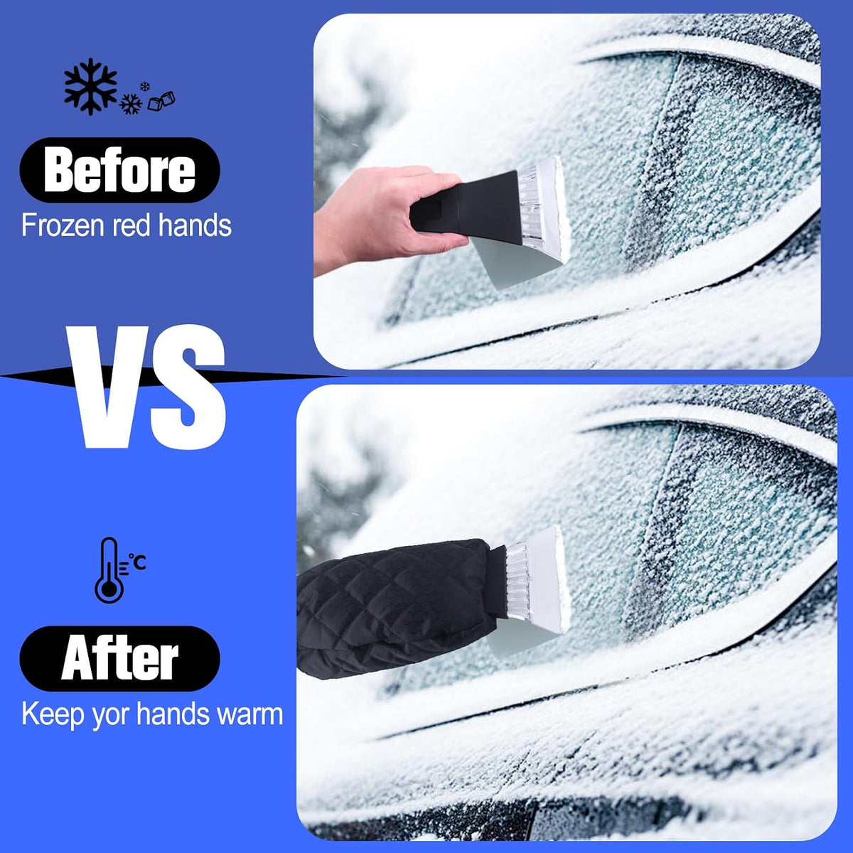Ice Scraper with Glove Car Windshield Scraper for Ice and Snow w/Fleece Waterproof No Scratch Comfortable Glove Ice Scraper Car Scraper Snow Brush Snow Quickly Removal,Black