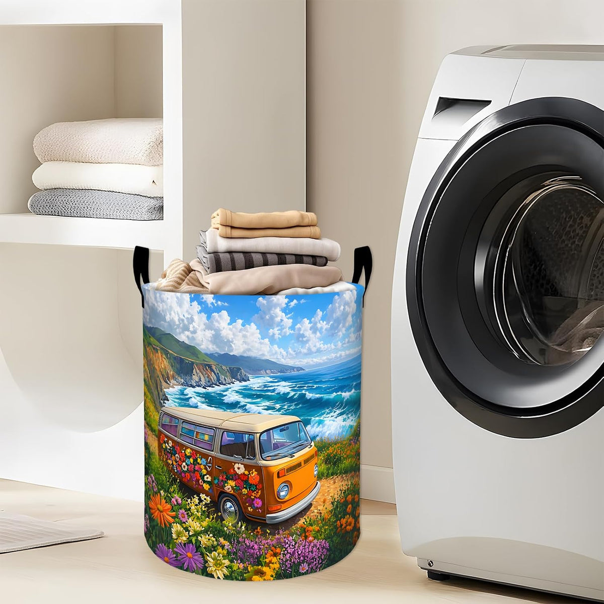 Vintage Camper Van Laundry Basket with Handles, 19.7"x15.7" Clothes Foldable Coastal Car Road Trip Laundry Hamper Organizer for Dorm Nursery Bathroom Decor, Floral Hippie Storage Bin Gifts for Women