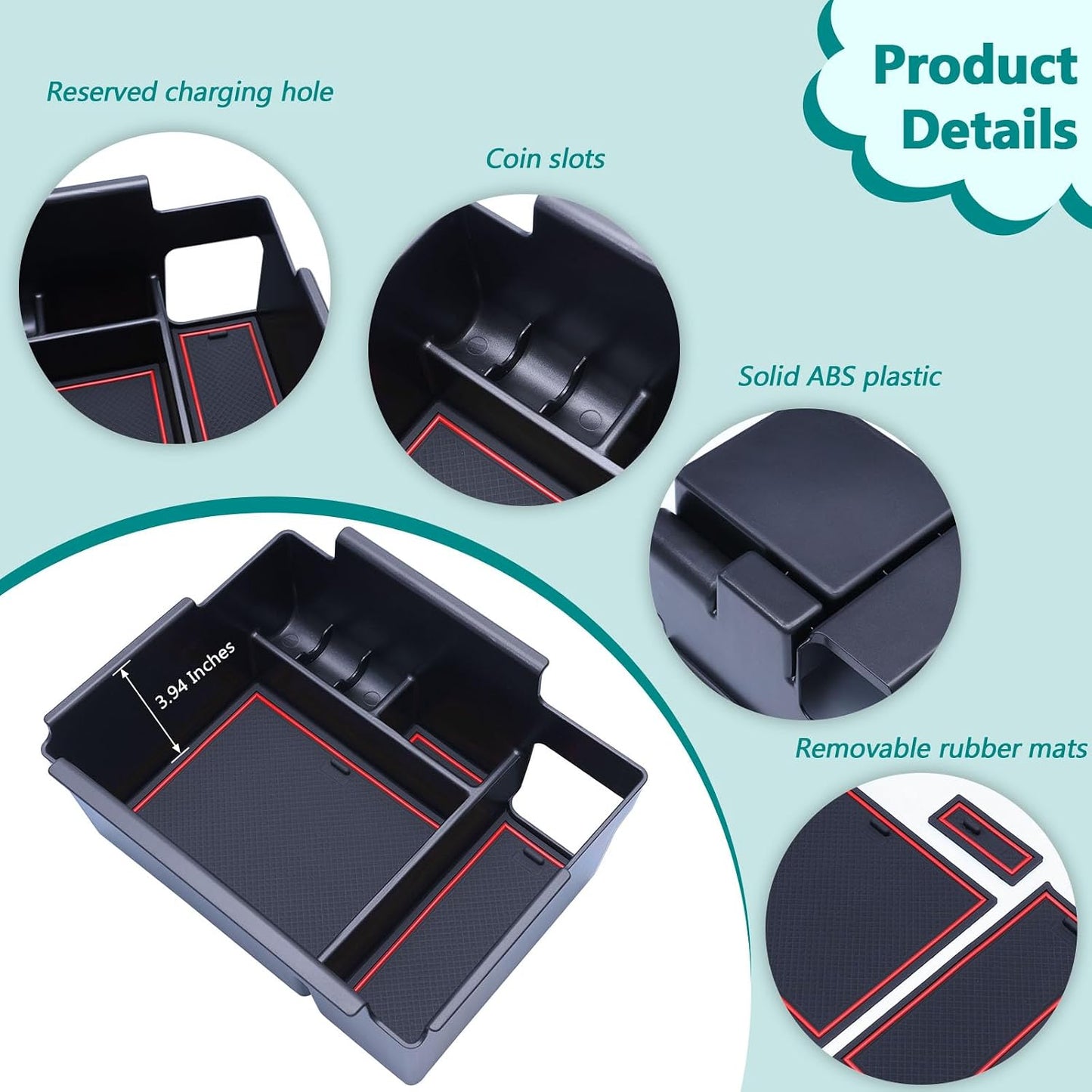 TOPINSTALL 2020-2026 Ford Explorer Console Organizer Tray - Compatible with 2020-2026 Ford Explorer Deep Armrest Storage Box with Coin Holder & Non-Slip Mats, Red Interior 6th Gen Explorer Accessories