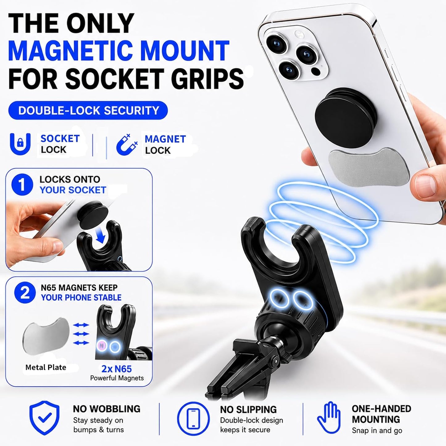 MCCHJoy 2X-Hold Magnetic Car Mount for PopSockets, Easy to Install Air Vent Mount, Adjustable and Secure, Fits All Phones All Socket Grips, Upgraded Vent Clip