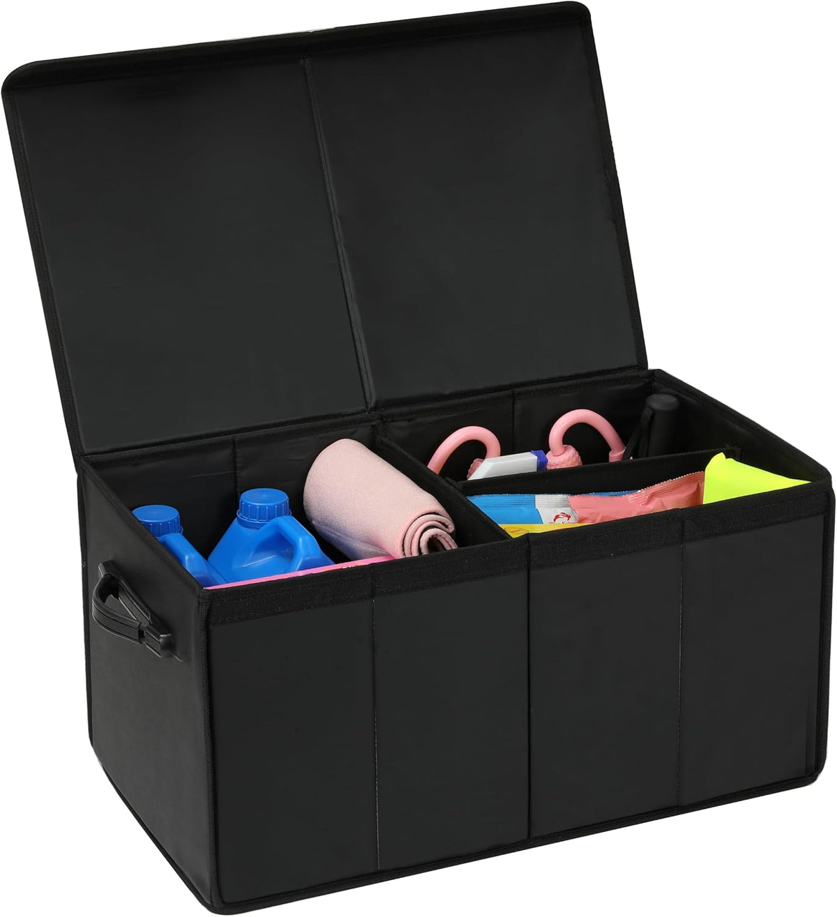 AOKJOY Car Trunk Organizer with Lid, Large, Black, Leather, Foldable, for SUV, Truck, Sedan, 24x12x14 Inches, 3 Compartments