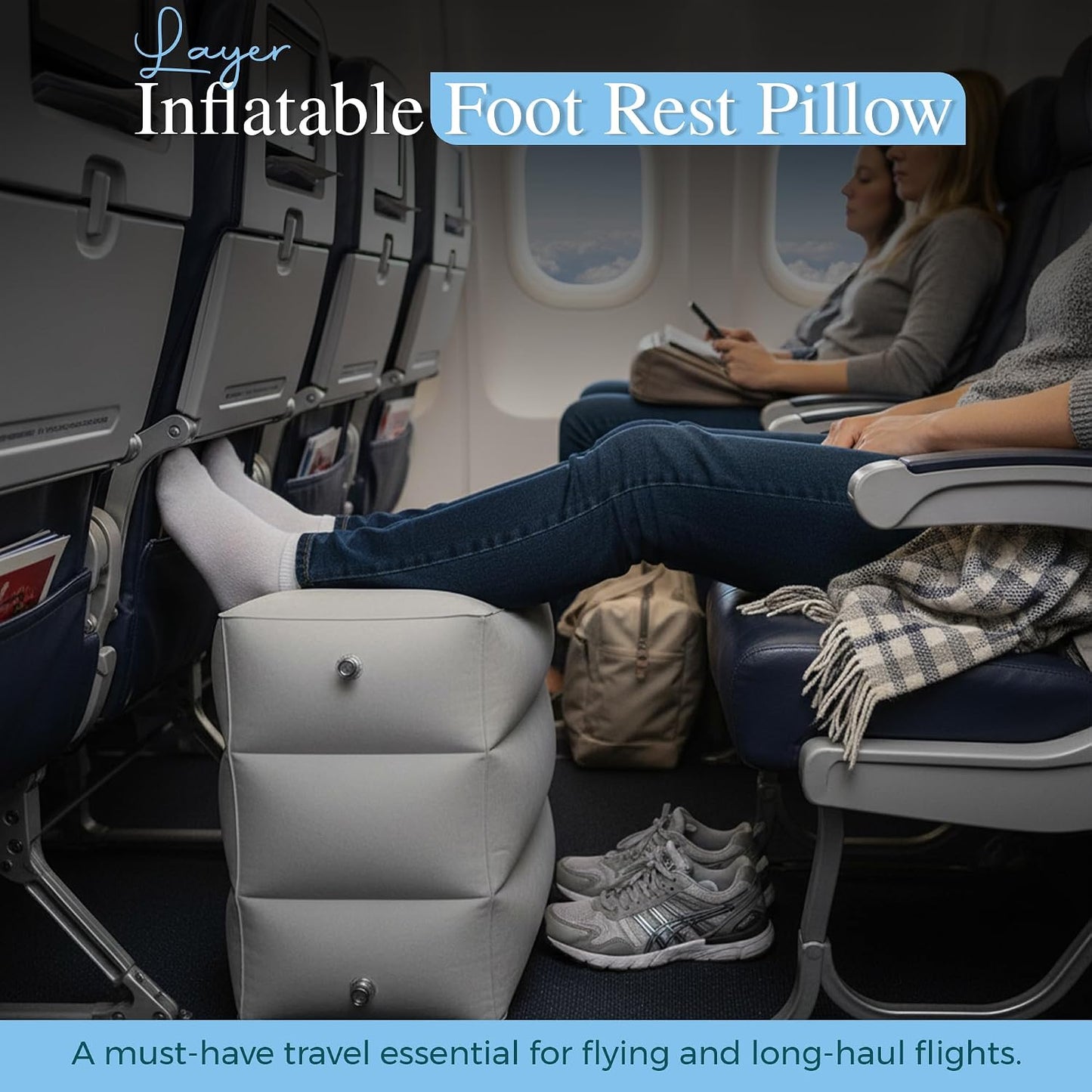 Inflatable Foot Rest for Airplane – 3-Layer Adjustable Travel Foot Rest for Long Flights, Plane Foot Rest & Airplane Leg Rest, Portable Footrest for Plane Travel, Kids & Adults(16.5" × 9.8" × 18.9")