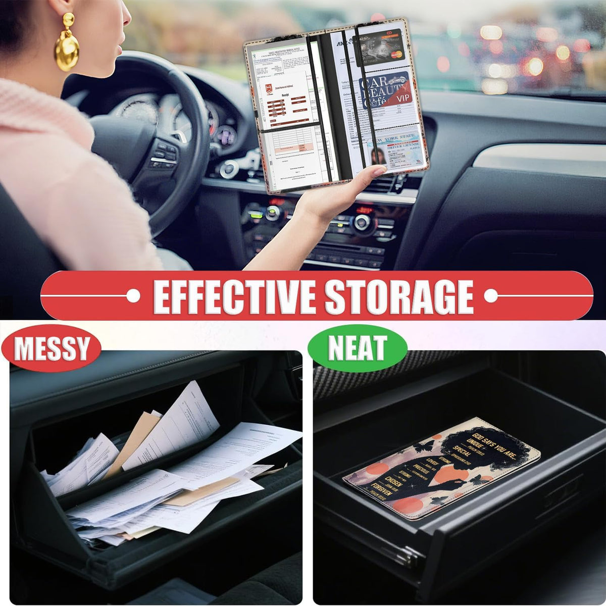Car Document Holder with Magnetic Shut, Car Registration & Insurance Card Holder, PU Leather Glove Box Organizer Vehicle Accessories Driver License for Women/Men, African Black Woman Butterfly