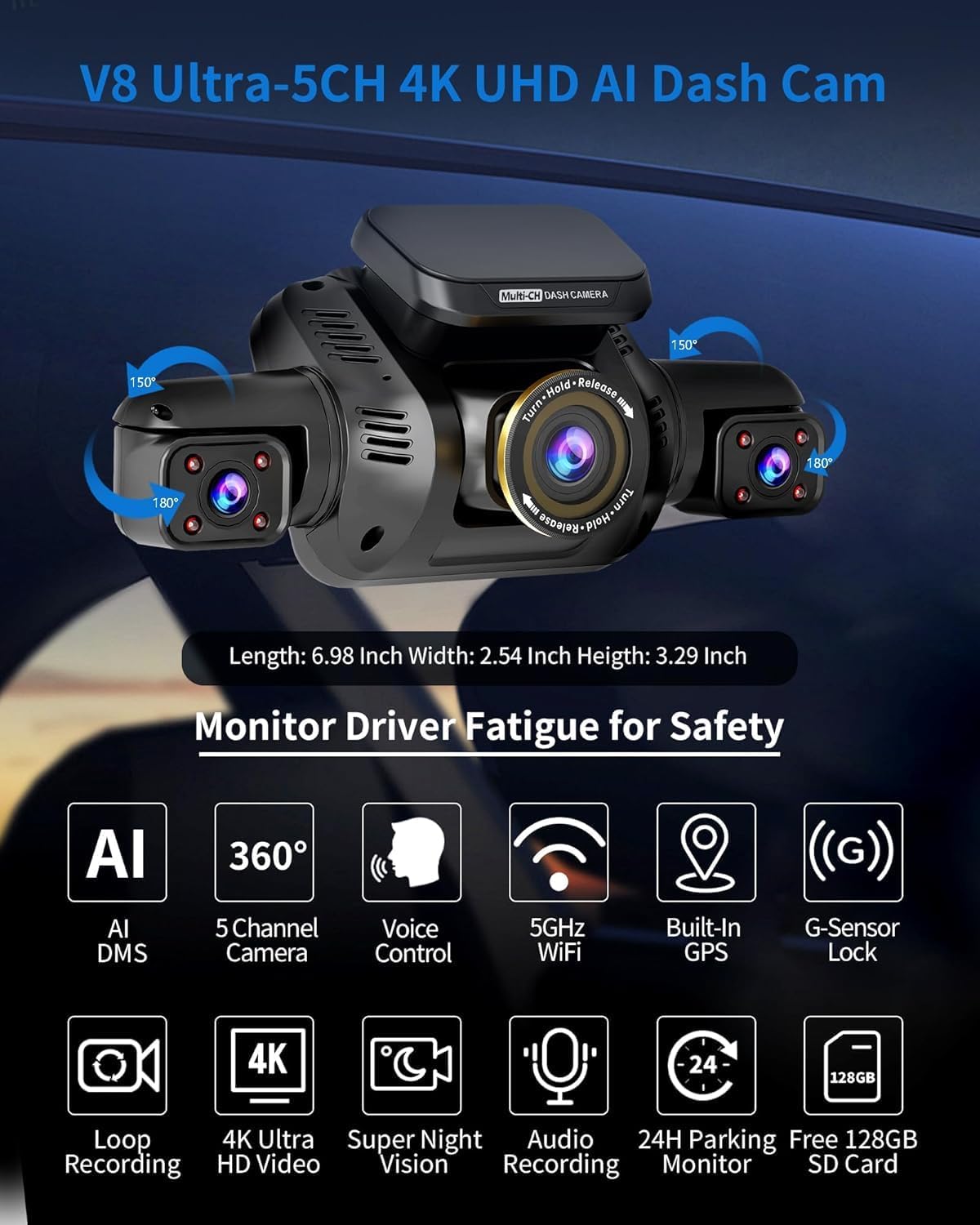 HUPEJOS 360° View 5 Channel Dash Cam Front and Rear, 4K Camera for Car
