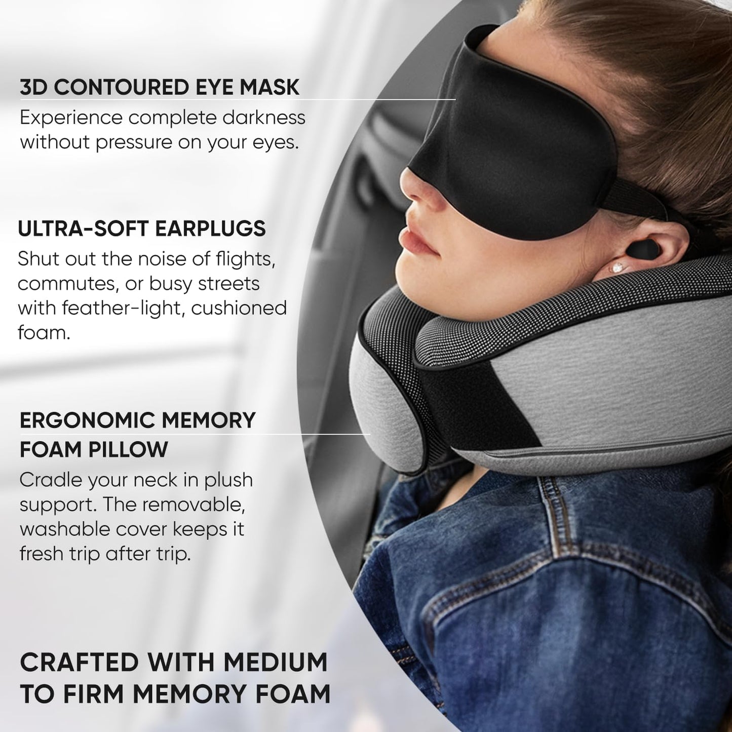 Proglobe Travel Neck Pillows for Airplanes, Sleeping Essentials for Long haul Flights, 360° Head Support, Car and Airplane Kit with 3D Contoured Eye Mask, Earplugs and Luxury Mesh Bag (Adult, Grey)