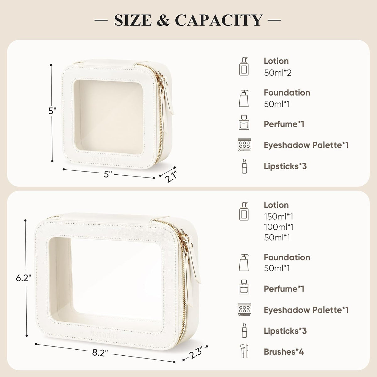Clear Makeup Bag, Cosmetic Make Up Pouch with Zipper,Medium Ivory