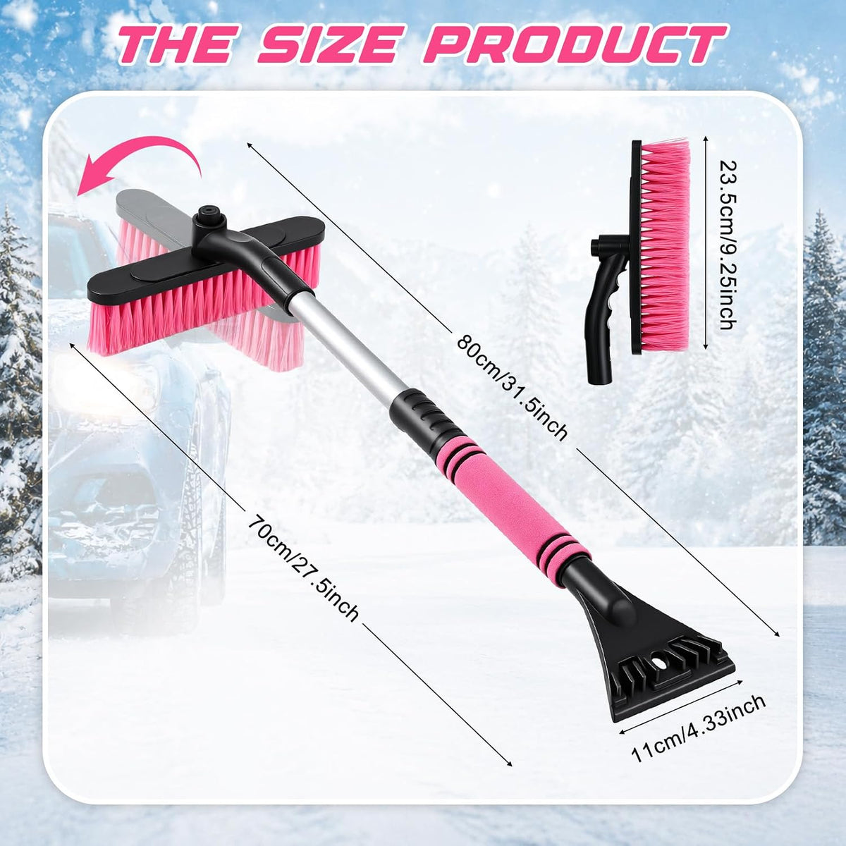 Ceenna 32" Extendable Snow Brush and Ice Scraper for Car Windshield, Pink 2 in 1 Detachable Snow Scraper with Soft Grip Handle, Rotating Brush Head Multi-Functional Removal Tool for Car, Truck, SUV