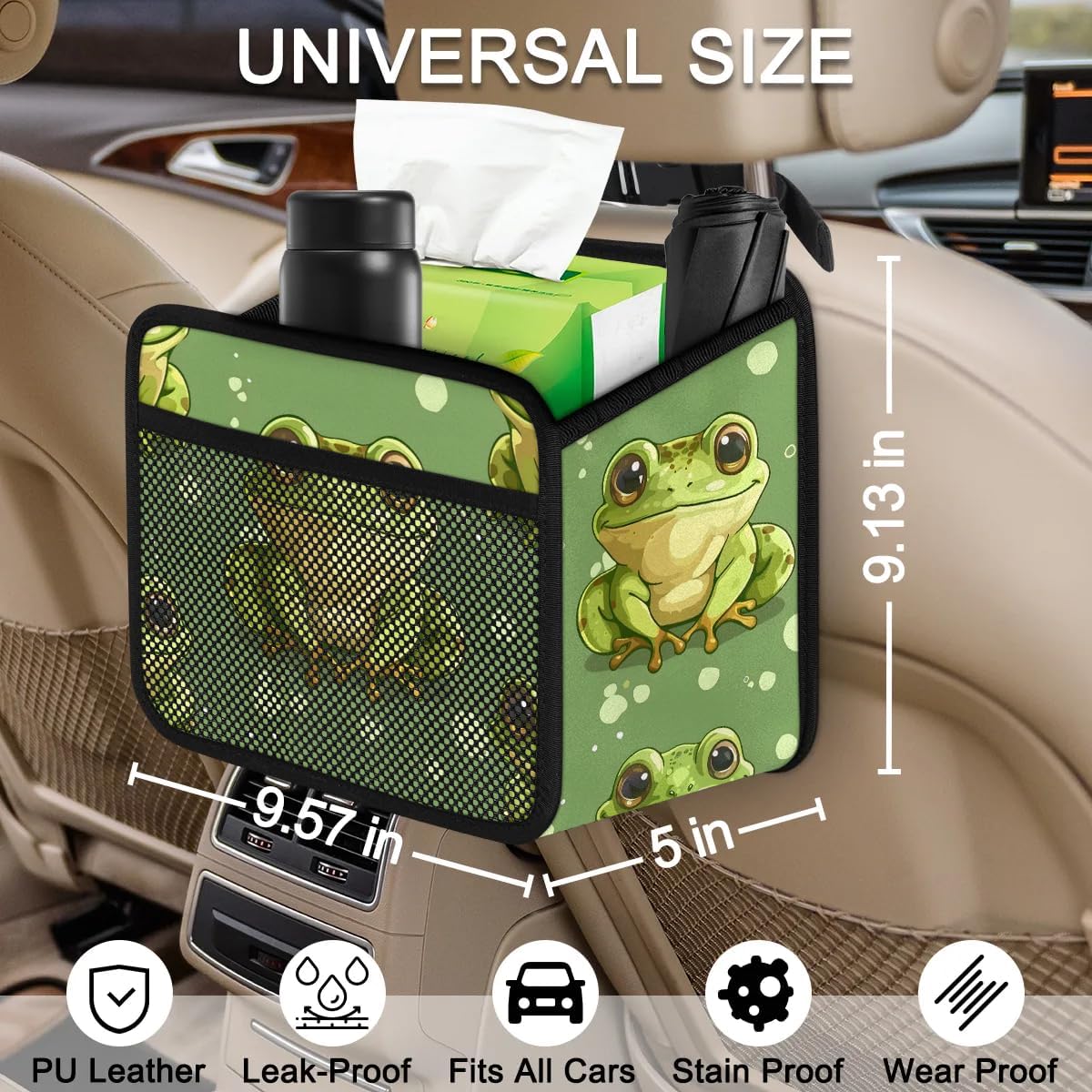 Car Backseat Organizer, PU Leather Back of Seat Cars Hanging Organizer with Pockets Leakproof Car Garbage Bag Hanging Cars Seat Storage Box Travel Accessories Foldable (Green Frog)