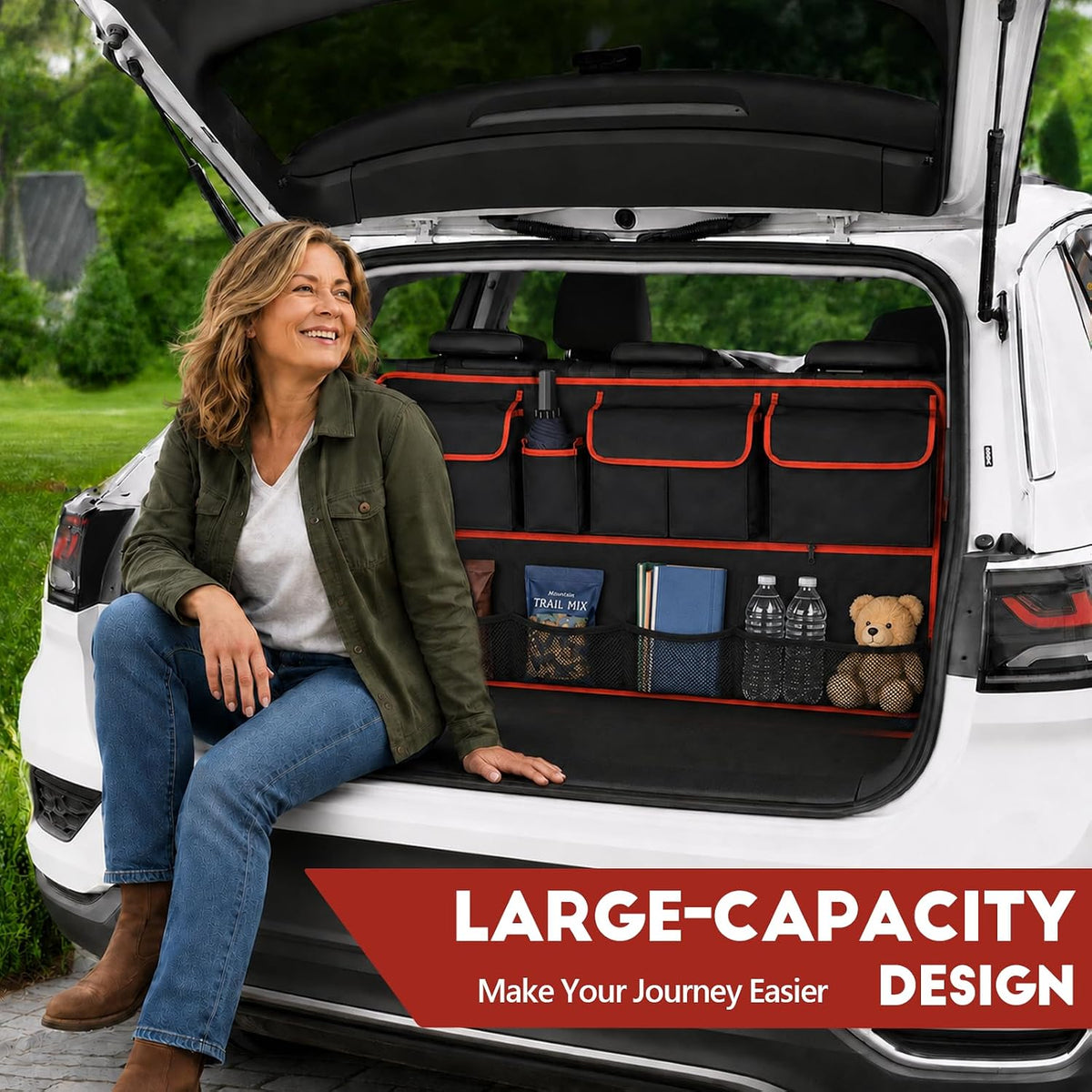 Car Trunk Organizer, Multi-pocket Large Capacity Vehicle Backseat Hanging Storage Bag with Adjustable Straps, Automotive Seat Back Trunk Cargo Organizer Bag for SUV, Car Accessories (Black+Red)