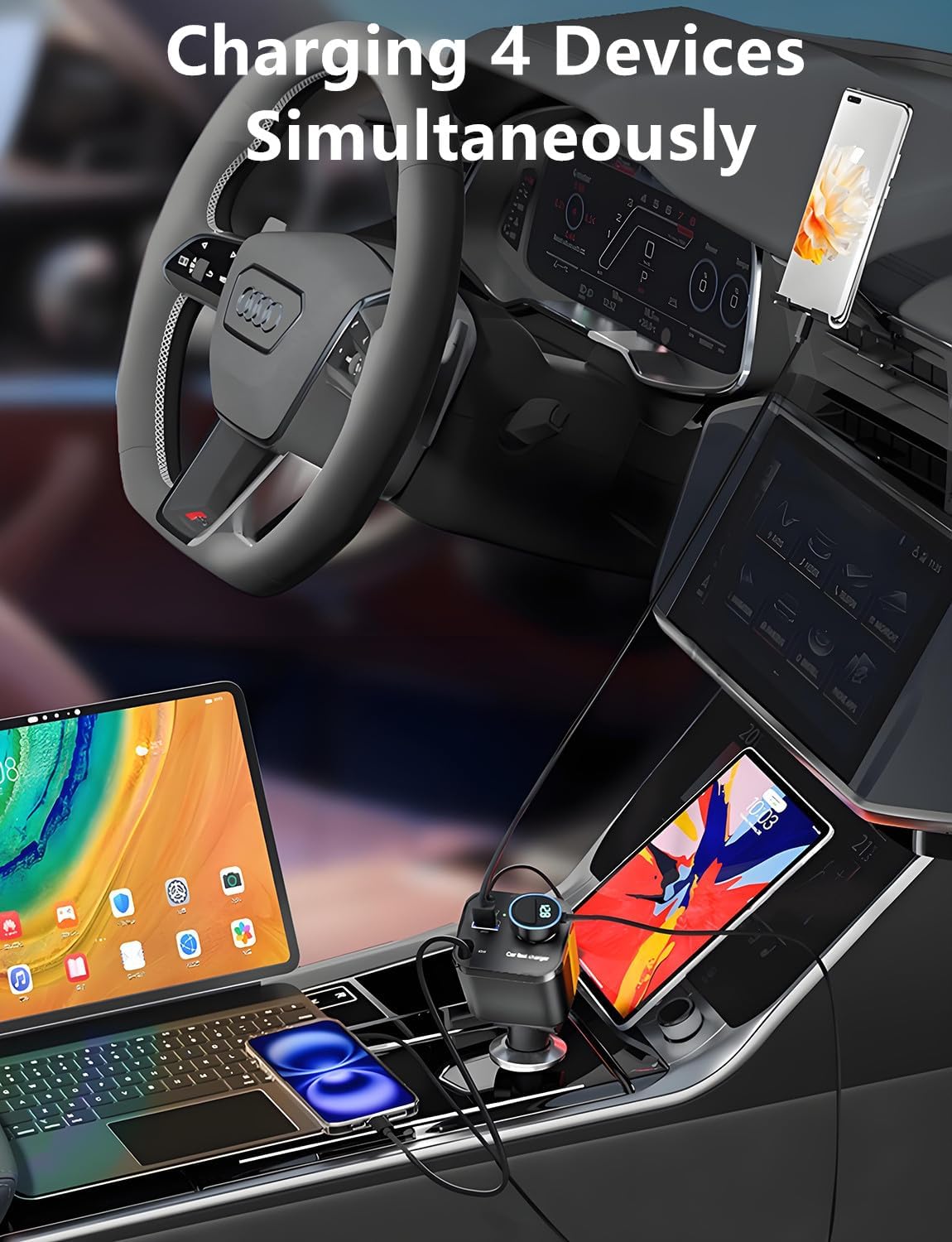 4 in 1 Retractable Car Charger, 145W USB C Cigarette Lighter Adapter