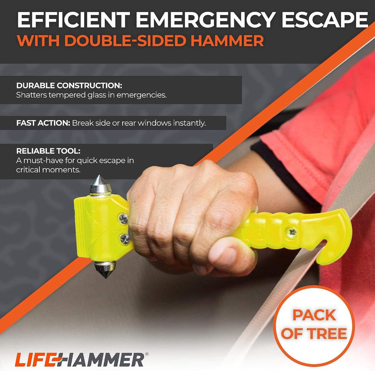 Lifehammer Brand Car Safety Hammer, The Original Emergency Auto Escape and Rescue Tool with Seatbelt Cutter, Made in The Netherlands, Glow Yellow (Pack of 3)