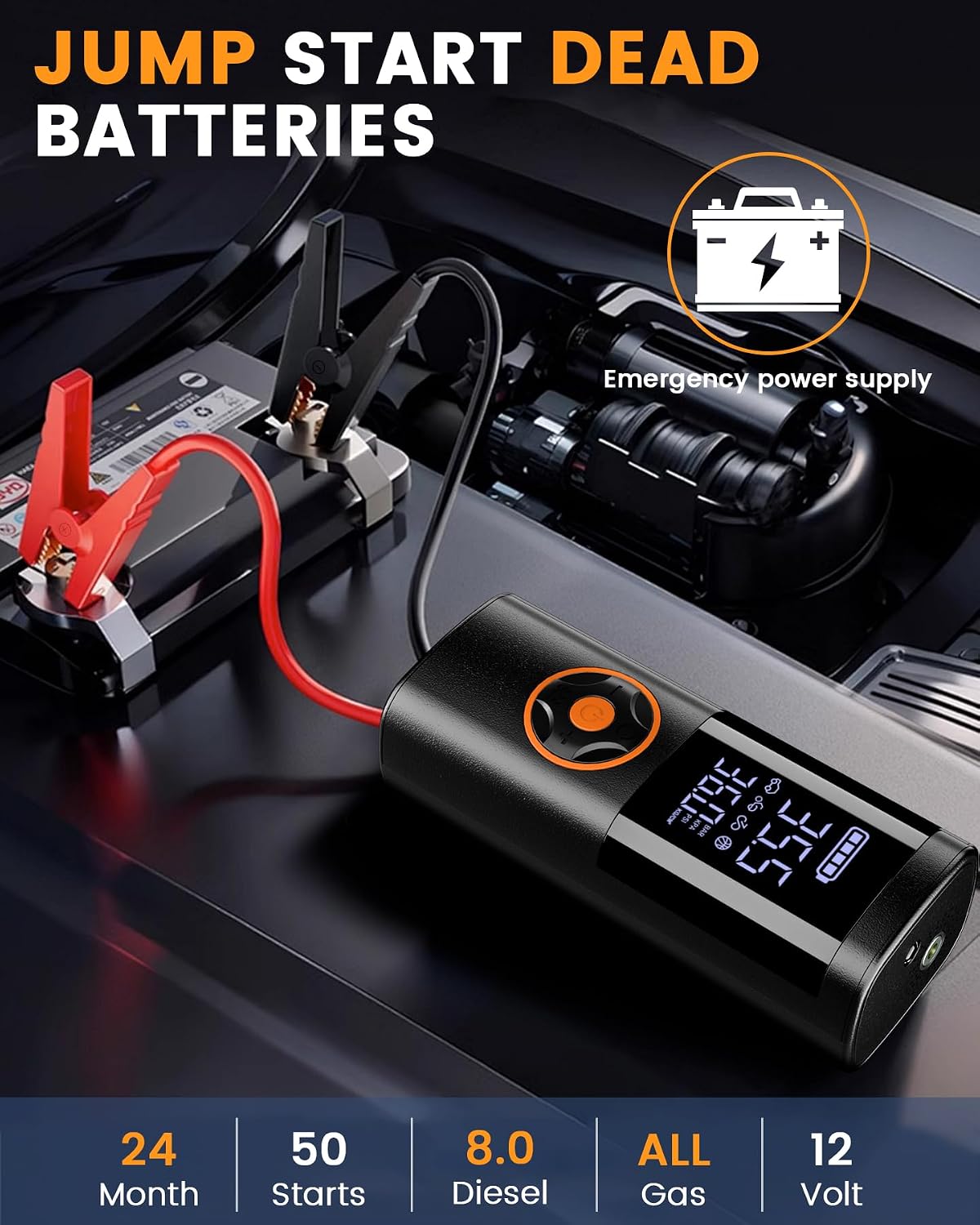 TEMOLA Jump Starter with Air Compressor 14.8V 6000mAh Car Battery Jumper Starter Portable Jump Box and 7A 150PSI Tire Inflator for Cars Trucks SUV with LED Light
