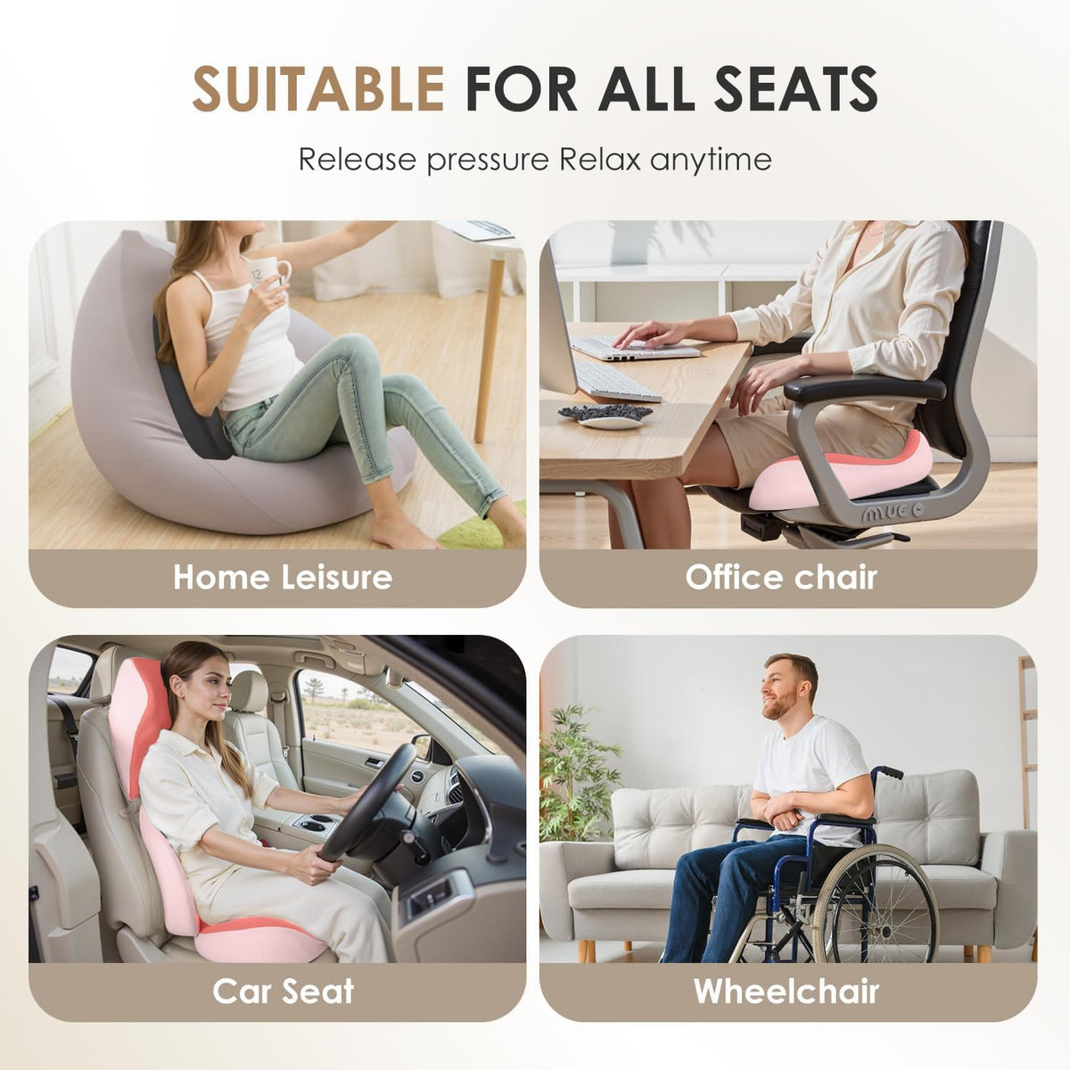 FLORICH Upgraded 3-in-1 Memory Foam Car Seat Cushion Set with Lumbar Support & Neck Pillow, Washable Driving Seat Cushion for Back & Sciatica Pain Relief, Non-Slip Seat Cushion for Car, Office-Pink