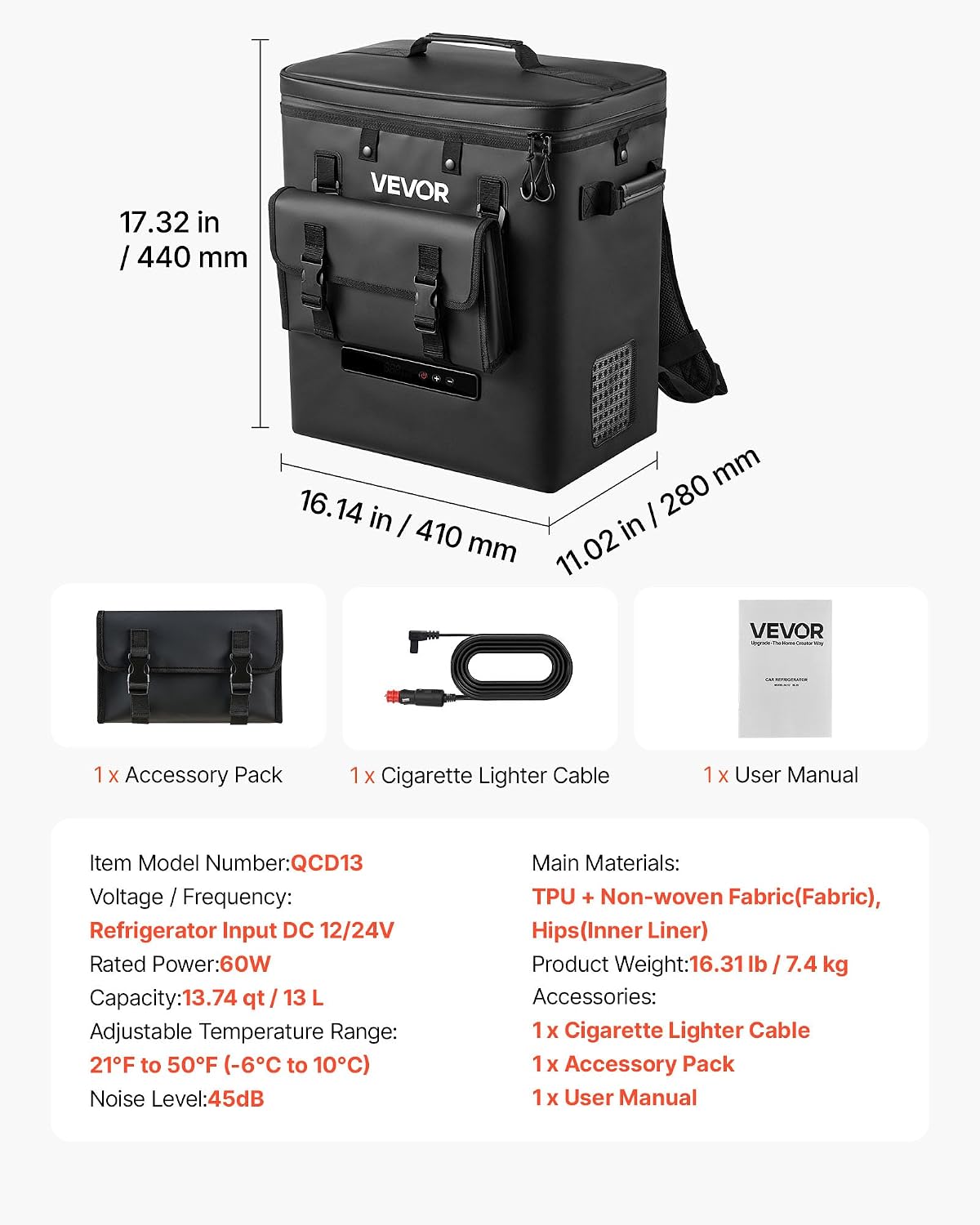 VEVOR 12 Volt Refrigerator, 13.7 QT/ 13L Car Fridge, Portable Electric Freezer Compressor, 12V/24V DC, 21℉ to 50℉/ -6℃ to 10℃, for Truck Van RV SUV Boat Travel Camping Road Trips