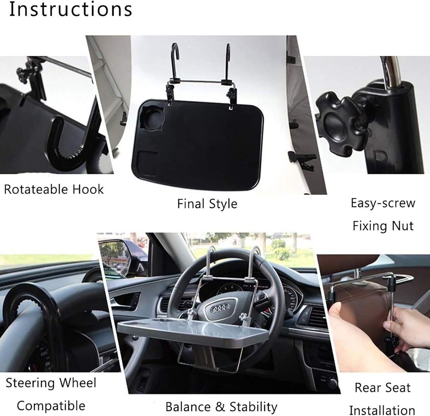 XINDELL Steering Wheel & Car Seat Tray - Universal Foldable Desk for Laptop, Food, Cup Holder - Portable Car Food Tray for Drivers, Kids, Road Trips - Fits All Vehicles