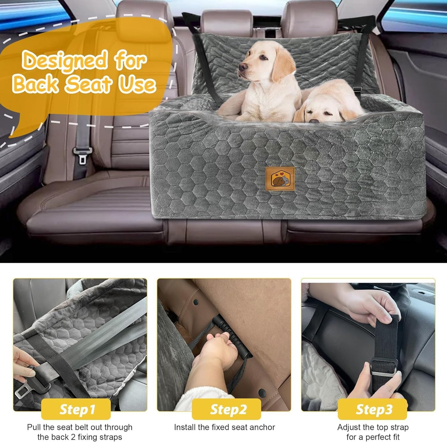 Dog Car Seat for Medium/Large Dog Booster Seat Under 60 lbs or 2 Small Dogs, Multi-Functional Pet Car Seat with Thick Cushion, 2 Safety Leashes (Gray)