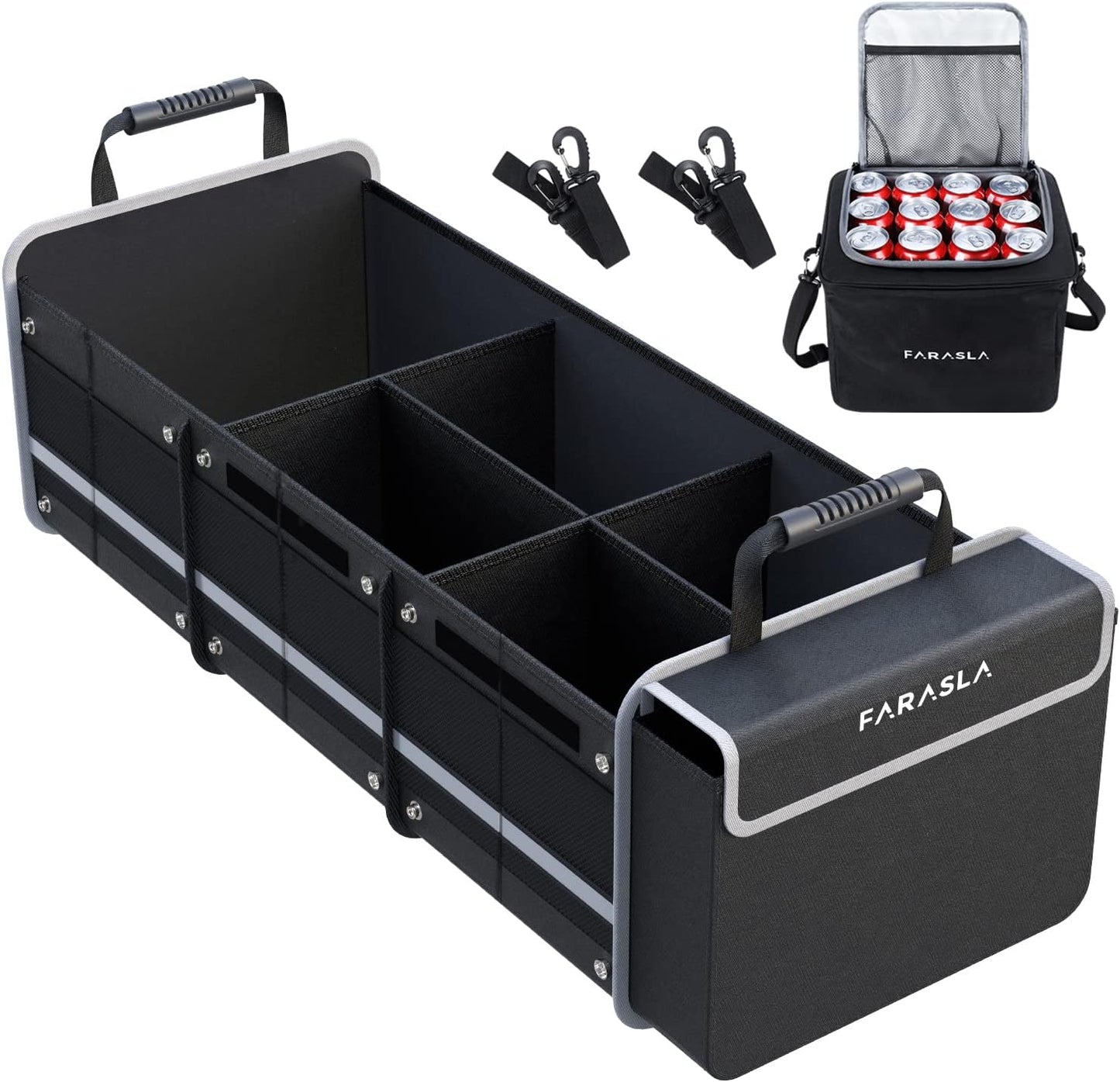 Farasla Waterproof Trunk Organizer with Insulated Leakproof Cooler Bag, Foldable Cover, Adjustable Securing Straps (4-in-1 w/Cooler, Gray)