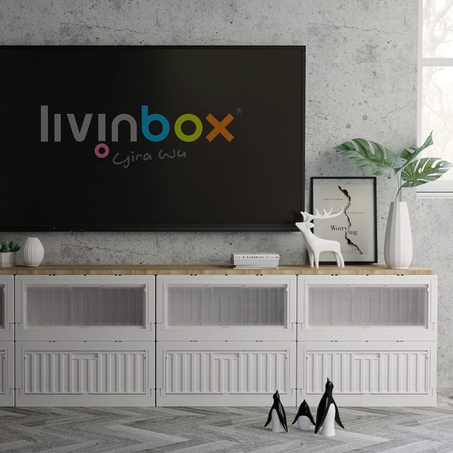livinbox 45L collapsible storage bins with door, comic books container, dust-proof stack-able folding box for Home Office Bedroom Dorm Toys Bedding, white & transparent, FB-6432S-WTTR