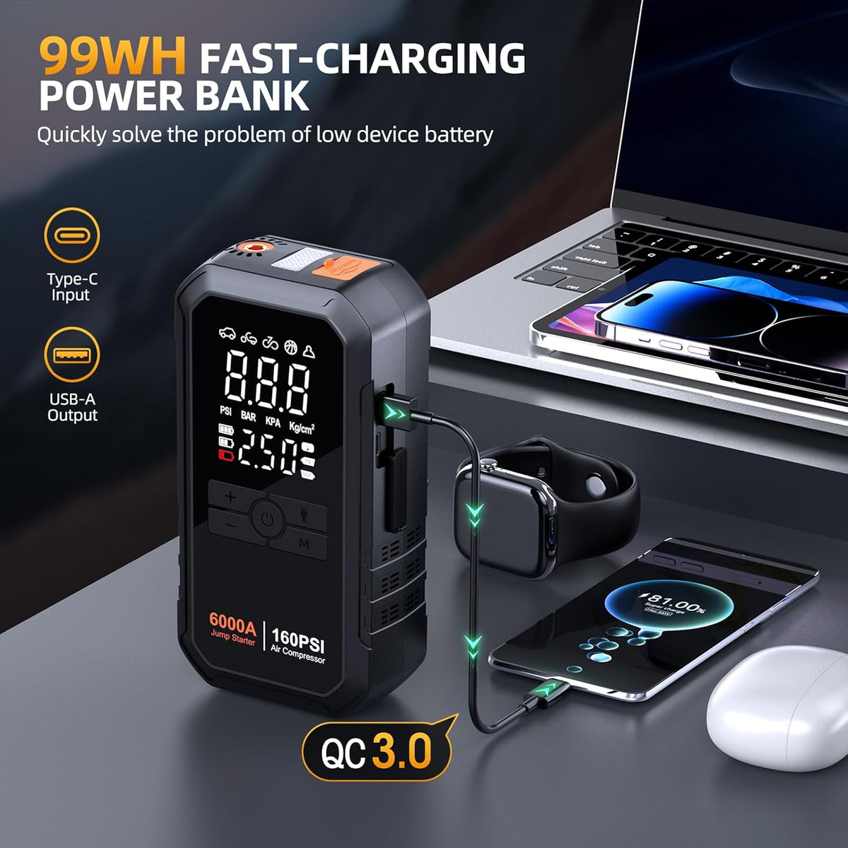6000A 10-in-1 Car Battery Jump Starter with Air Compressor 160PSI