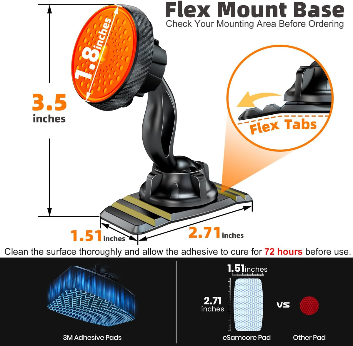 Magnetic Phone Holder for Car Dashboard, Large 3M Adhesive Mount Base