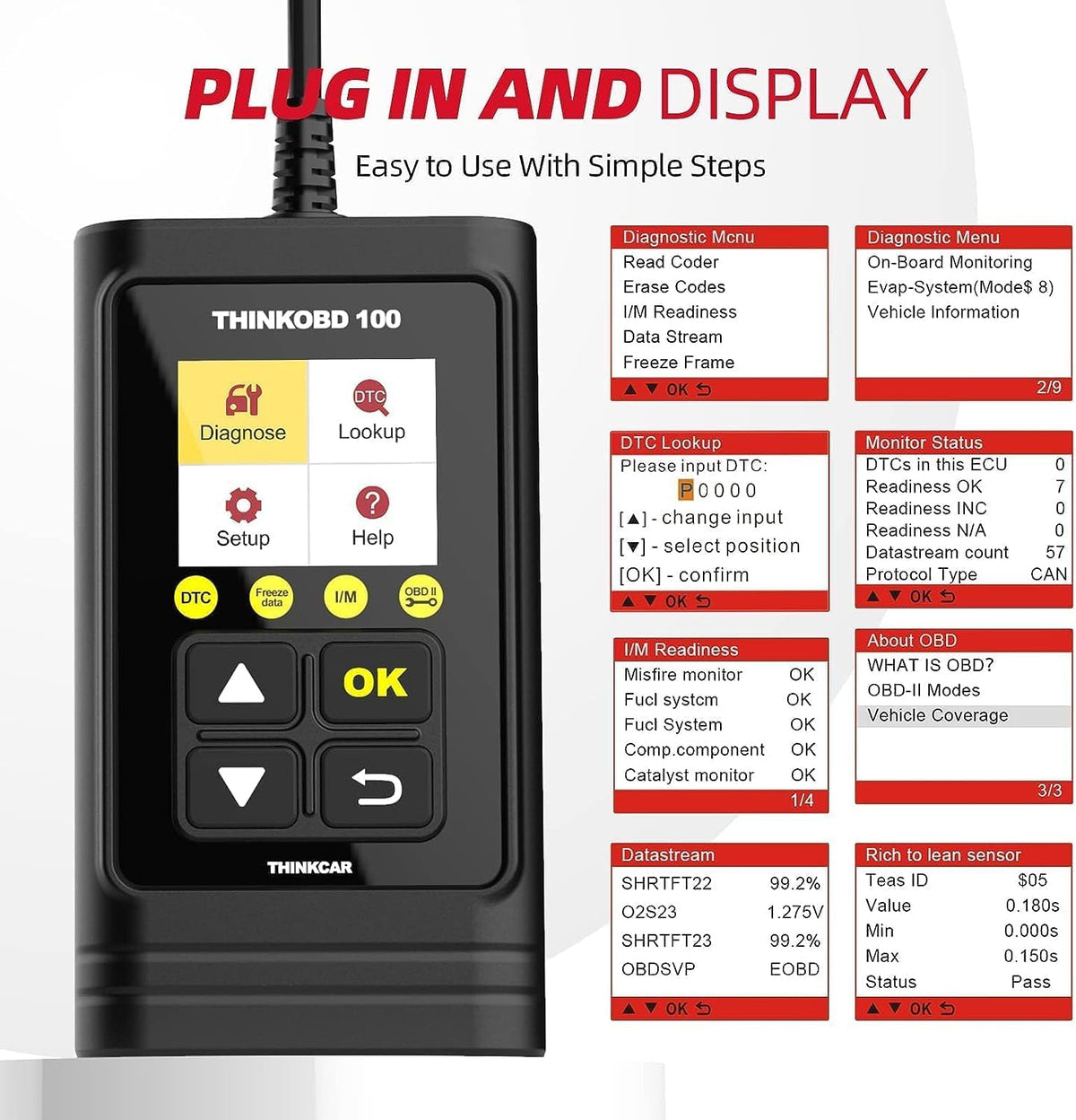 THINKCAR OBD2 Car Scanner, THINKOBD100 Check Engine Fault Code Reader with Full OBD II Functions, O2 Sensor, CAN Diagnostic Scan Tool for All Cars Since 1996