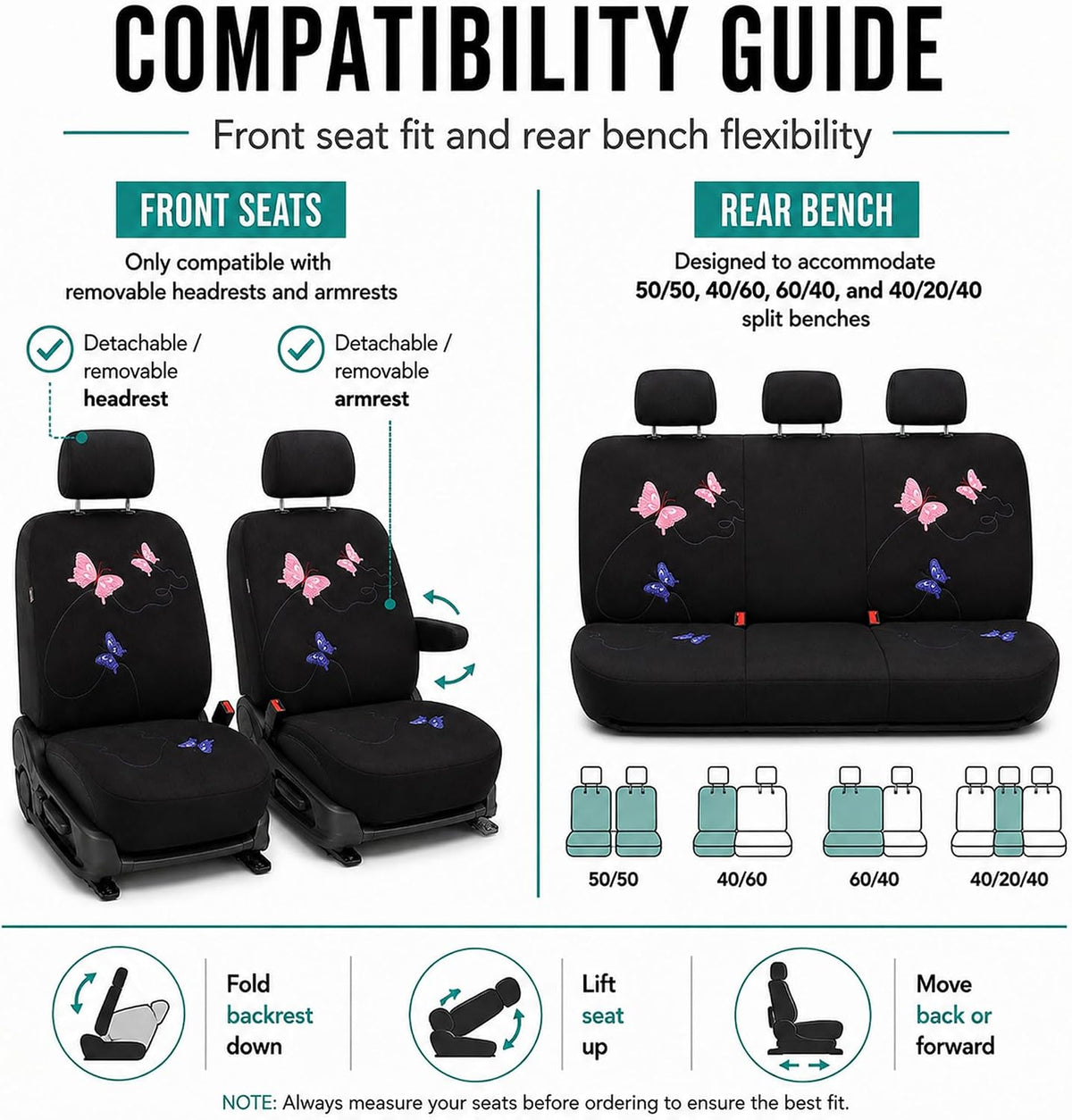 FH Group Full Set Butterfly Cloth Car Seat Covers - Universal Fit, Low Back Front Seat Covers, Solid Back Seat Cover, Washable Seat Cover for SUV, Sedan, Van, Black