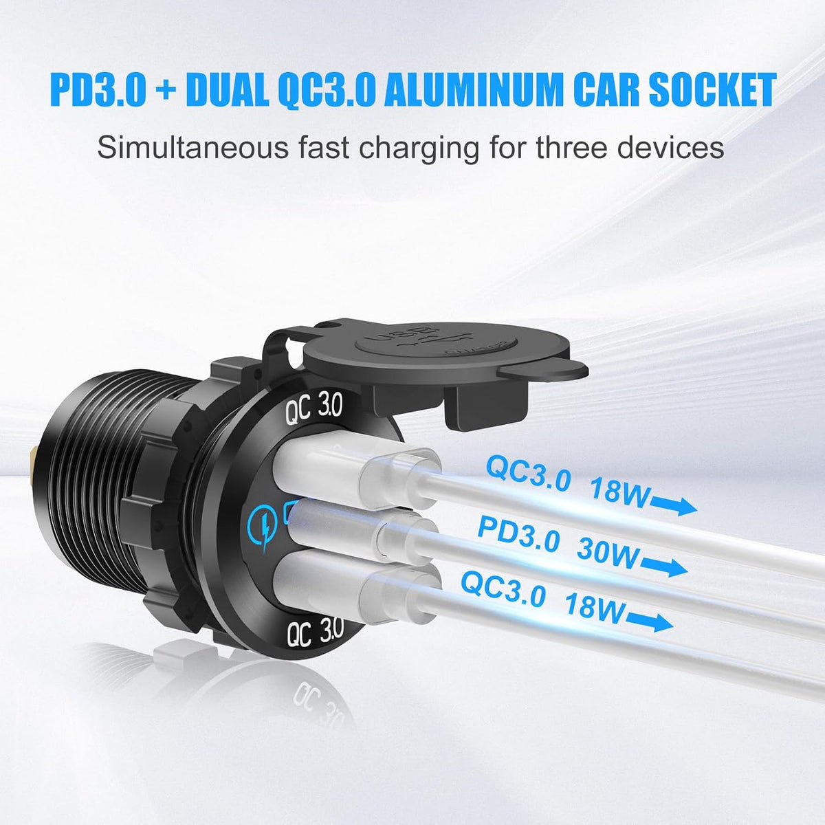 4 in 1-12V USB Outlet RV Accessories Marine Switch Panel Plug, PD3.0 and Dual QC3.0 Car USB Port Aluminum Charger, Lighted 150W Cigarette Lighter Socket, Blue LED Voltmeter and Toggle Switch DIY Kit