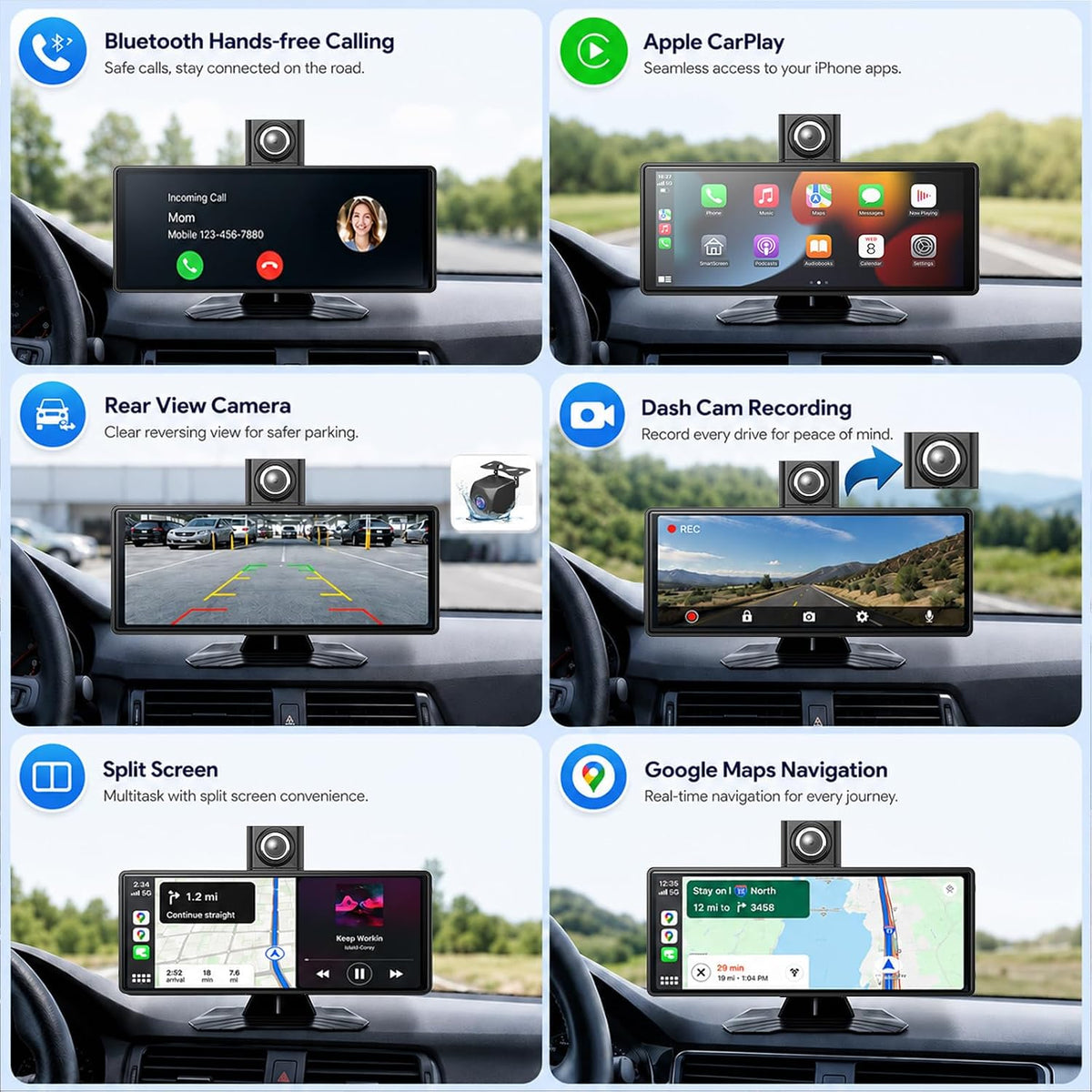 10.26" Wireless CarPlay Screen for Car, Apple CarPlay & Android Auto Screen, Portable Car Stereo with 4K Front Dash Cam & 1080P Backup Camera, Bluetooth, Voice Control, GPS Navigation, Mirror Link