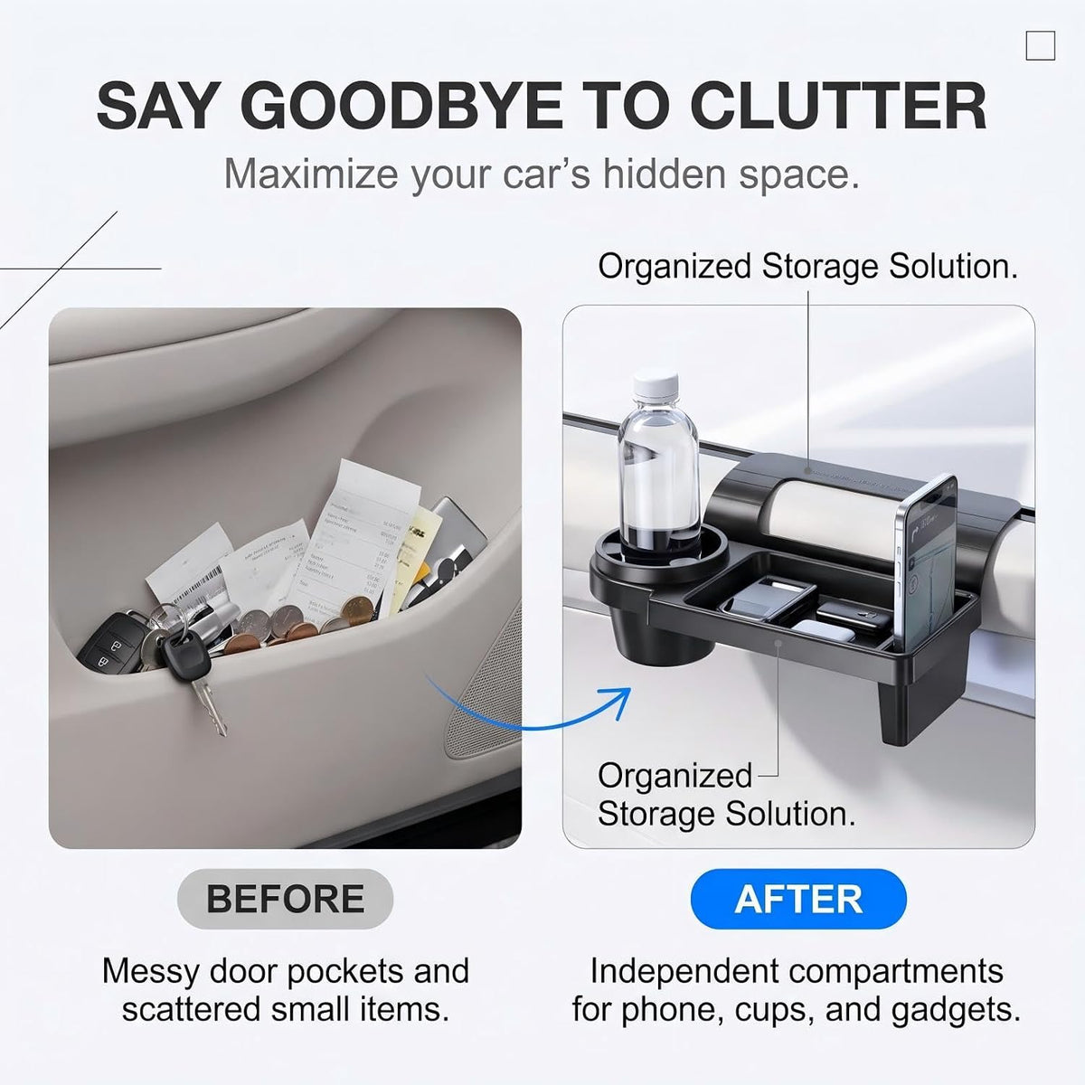 Car Window Hanging Storage Organizer, Clip Type Car Cup Holder & Phone Holder Tray, Multifunctional Auto Door Side Water Cup Mount for Drinks Phones Small Items (Black#A)