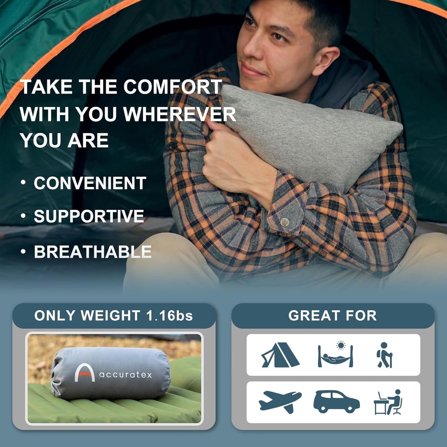 ACCURATEX Camping Pillow, Cotton Cover Compressible Travel Pillow,13x18 | Adjustable,Shredded Memory Foam Fill, Small Backpacking Accessories, Sleeping Essentials, Portable Car Airplane Pillow