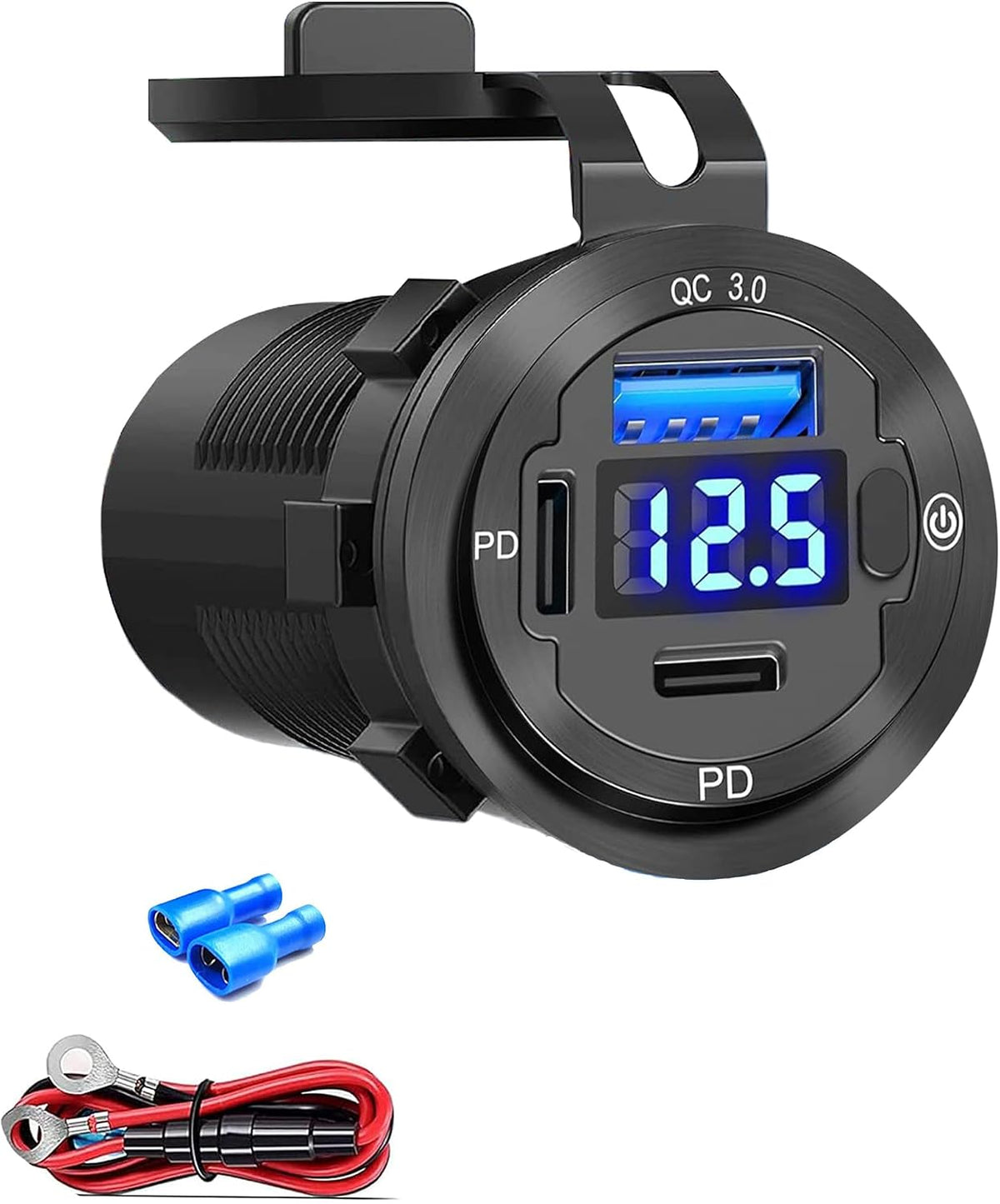 12V USB Car Socket, 3-Port Marine Aluminum USB Quick Charge Waterproof Cigarette Round USB C 12V Outlet for Car Golf Cart Boat Marine Bus Truck RV Marine Motorcycle etc(2QC+1PD(1Pack))