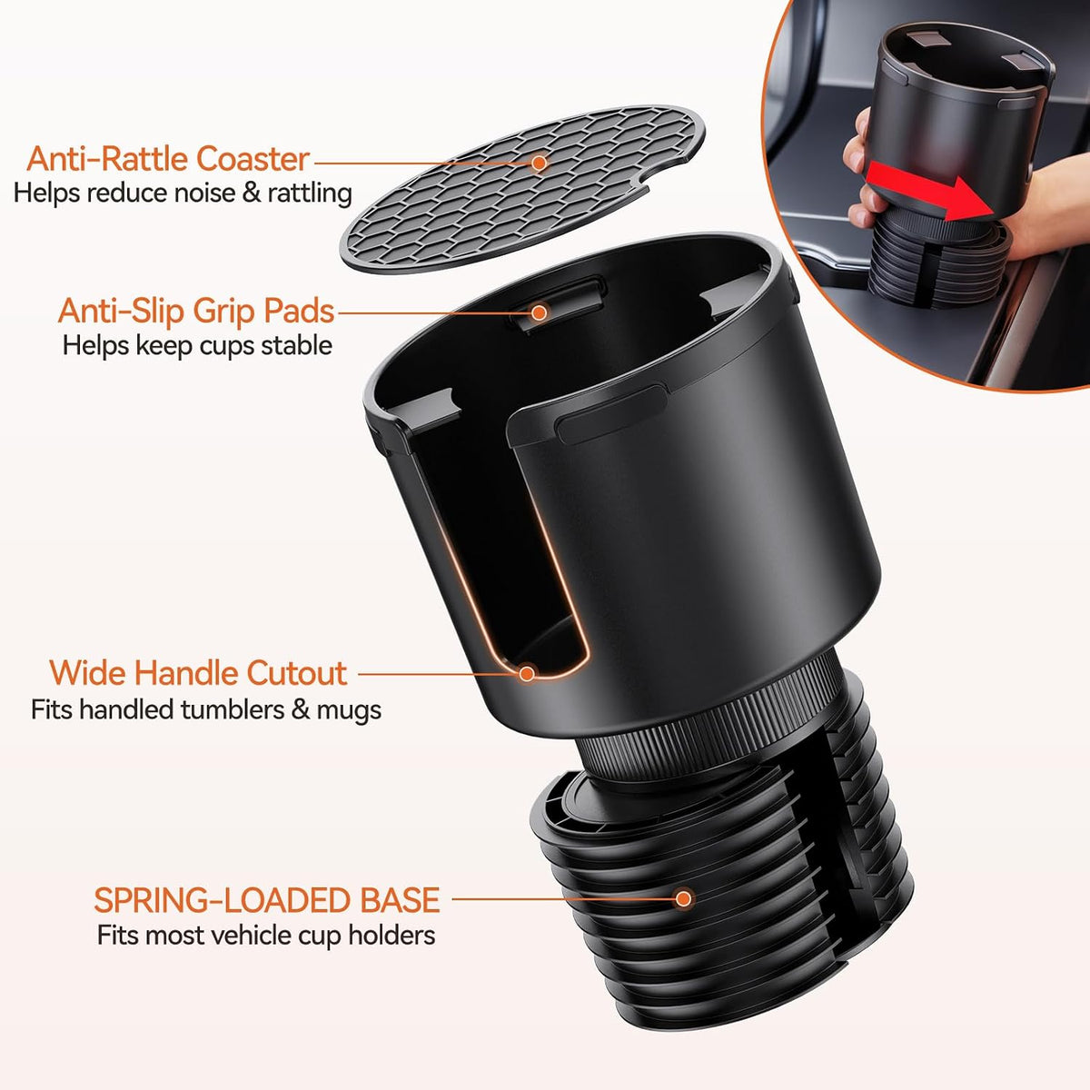 Car Cup Holder Expander for Large Water Bottles, Quick Install Cup Holder Extender for Car, Offset Base, Non Slip Adapter Compatible with Owala Stanley Yeti Hydro Flask 18-64 oz