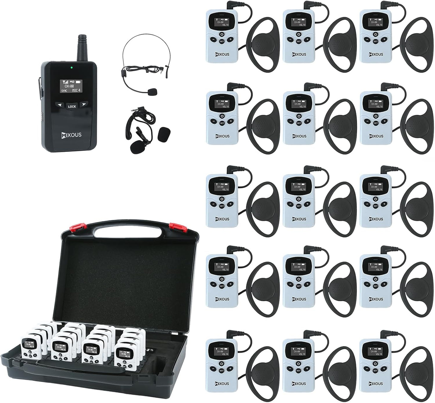 Wireless Tour Guide System with Charging and Carry Case. 200m, 16kHz High-Fidelity Sound Church Translation, Headsets for Plant, School, Simultaneous Interpretation (1Tx 15Rx)