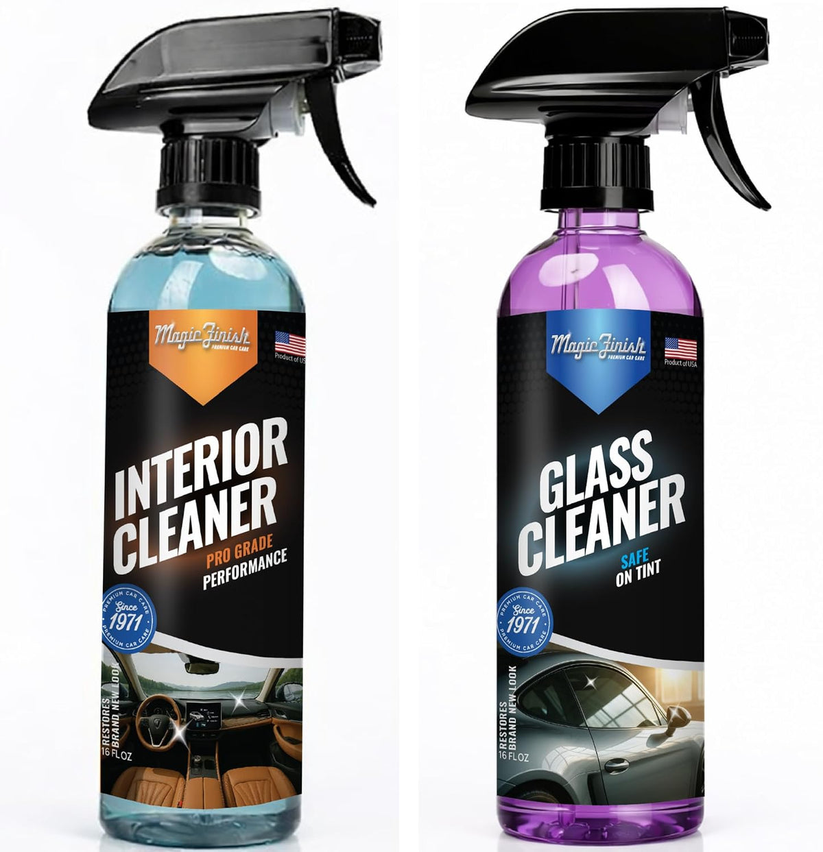 Magic Finish Vehicle Interior &amp; Glass Cleaning Spray Kit (16 fl oz Each) – Streak-Free Glass Cleaner + Car Interior Cleaner Spray – Tint Safe, Anti-Fog, Non-Greasy Finish, Complete Car Detailing Kit