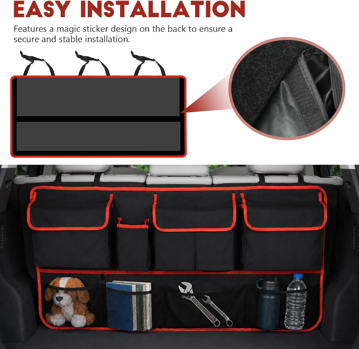 Car Trunk Organizer, Multi-pocket Large Capacity Vehicle Backseat Hanging Storage Bag with Adjustable Straps, Automotive Seat Back Trunk Cargo Organizer Bag for SUV, Car Accessories (Black+Red)