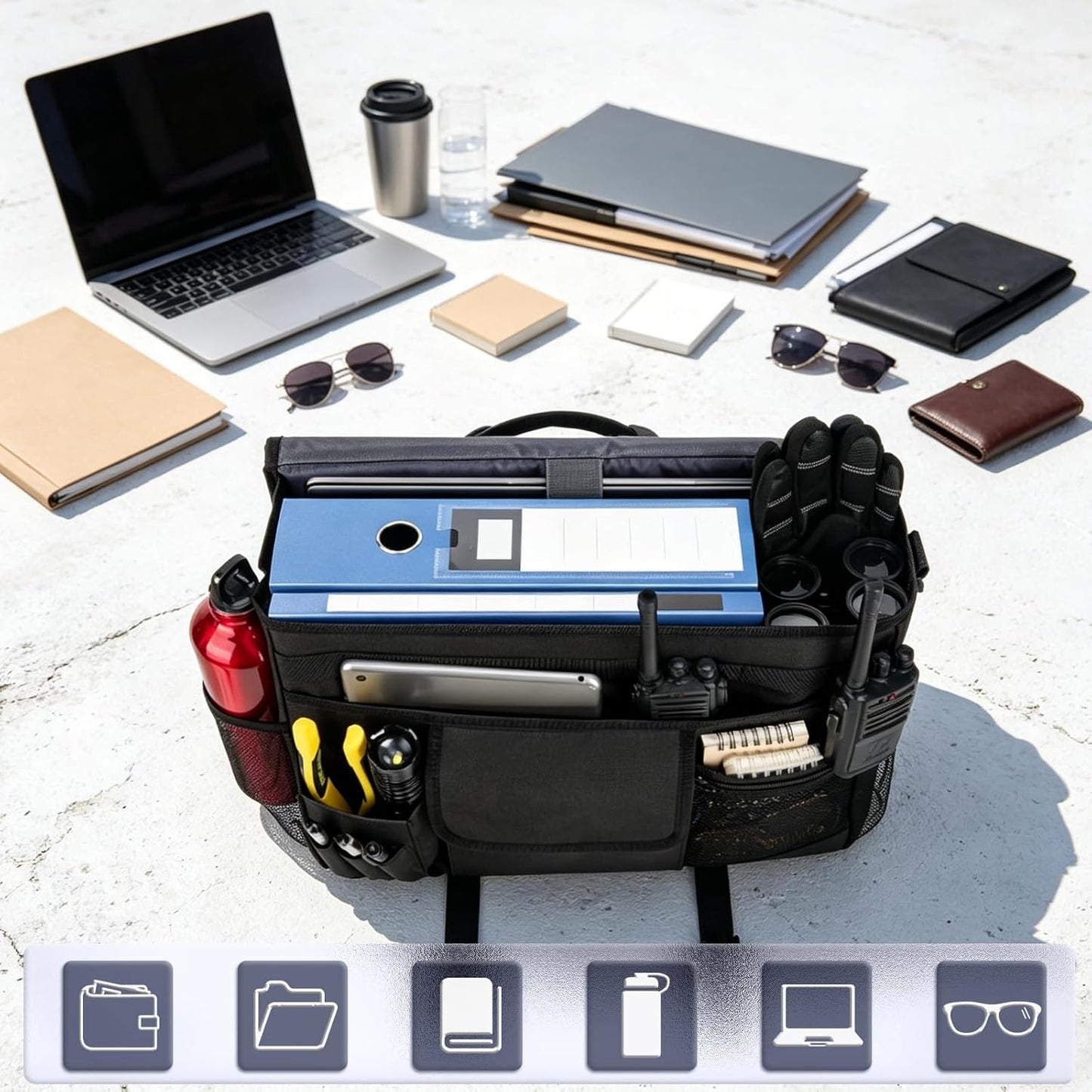 GDNasist Patrol Bag Law Enforcement, Car Front Seat Organizer, Police Duty Bag for Police Gear with 15.6" Laptop Storage, Molle Webbing, Multiple Compartment, Removable Straps, Black