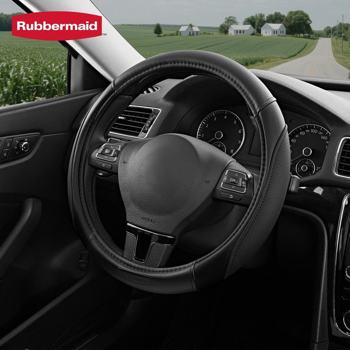 Rubbermaid Steering Wheel Cover – Universal Fit 14.5"–15" Steering Wheel Cover, Anti-Slip Grip, Breathable Leather, All-Season Protection, Interior Upgrade for Cars, Trucks, SUVs - Black
