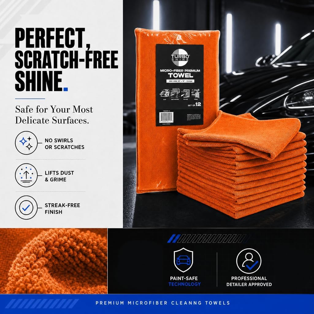 Premium Microfiber Cleaning Towels, 350 GSM, 16x16 Inch, 12 Pack, for Car, Glass, Bathroom and Home (Orange, 16" x 16")