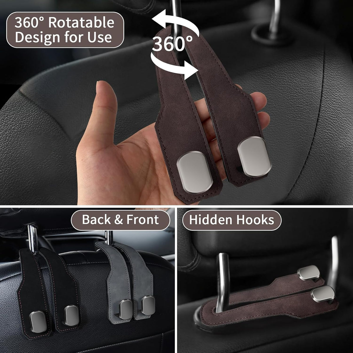 Car Purse Hook, Car Seat Headrest Hooks, Brown Leather 4 Pack