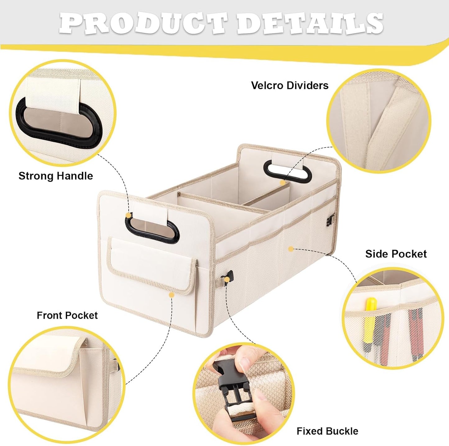 JiatuA Car Trunk Organizer, Car Organizers and Storage Collapsible Multi Compartment Container Box, Adjustable Car Accessories for SUV Sedan Truck, Standard Size, Beige