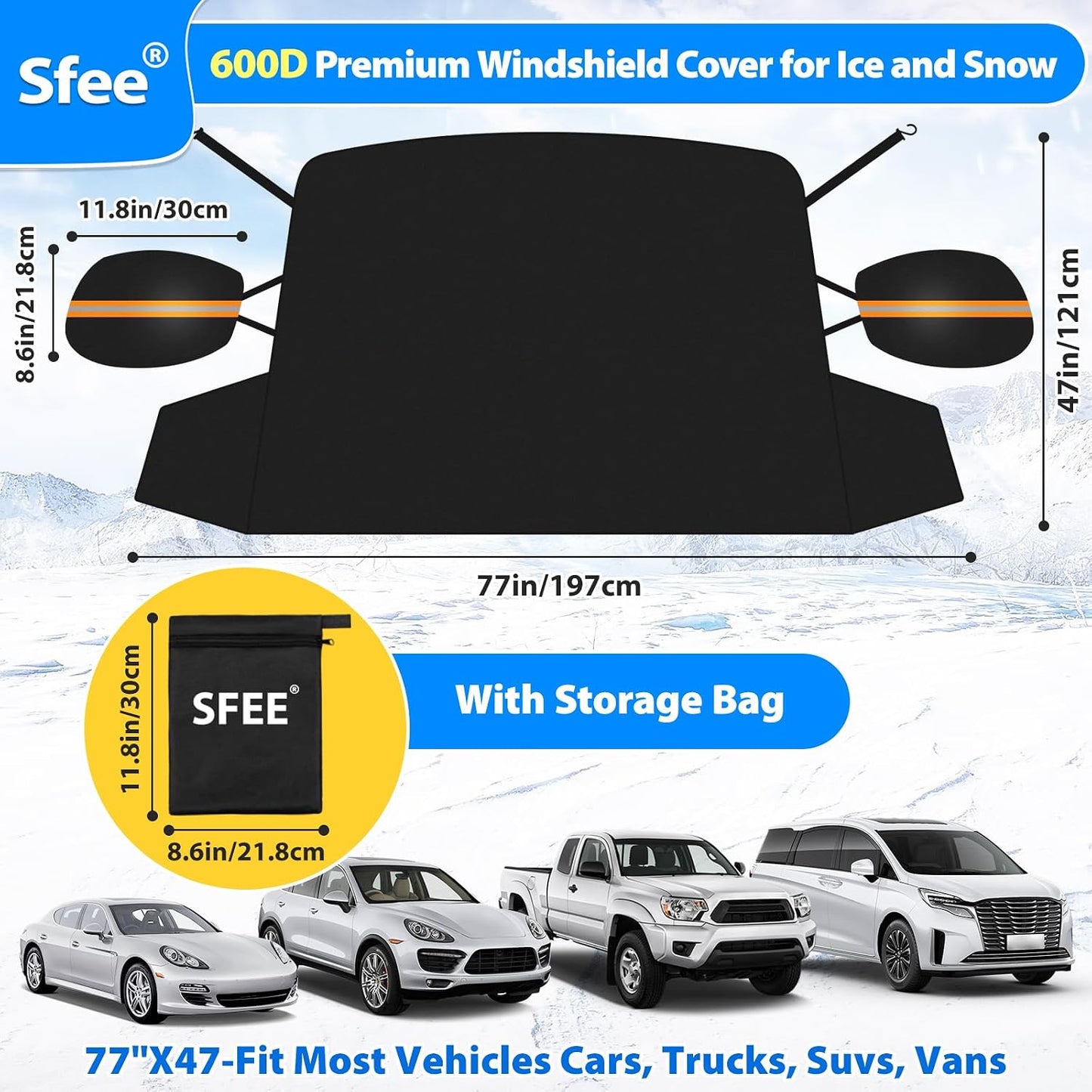 Sfee Windshield Cover for Ice and Snow,Heavy-Duty 600D Waterproof Windshield Snow Cover With 2 Mirror Covers, All-Weather Magnetic Frost Guard Winter Car Snow Cover Fit Car, Truck, Suv,Van (77" X 47")
