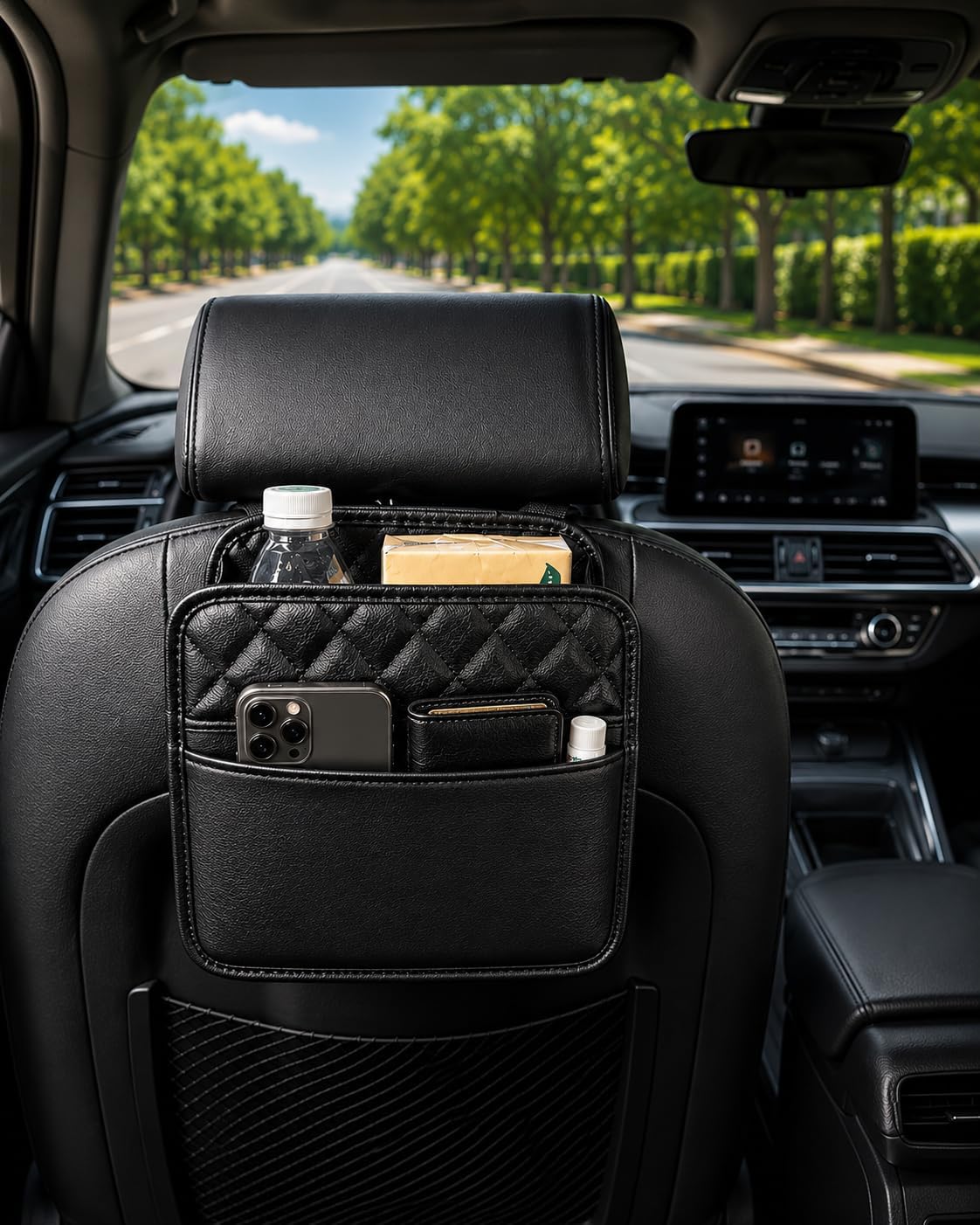 Premium PU Leather Car Backseat Organizer with Tissue Holder, Small Hanging Seatback Storage Bag & Compact Trash Bin, Waterproof Luxury Vehicle Headrest Pouch, Universal Fit for Sedan, SUV, Truck