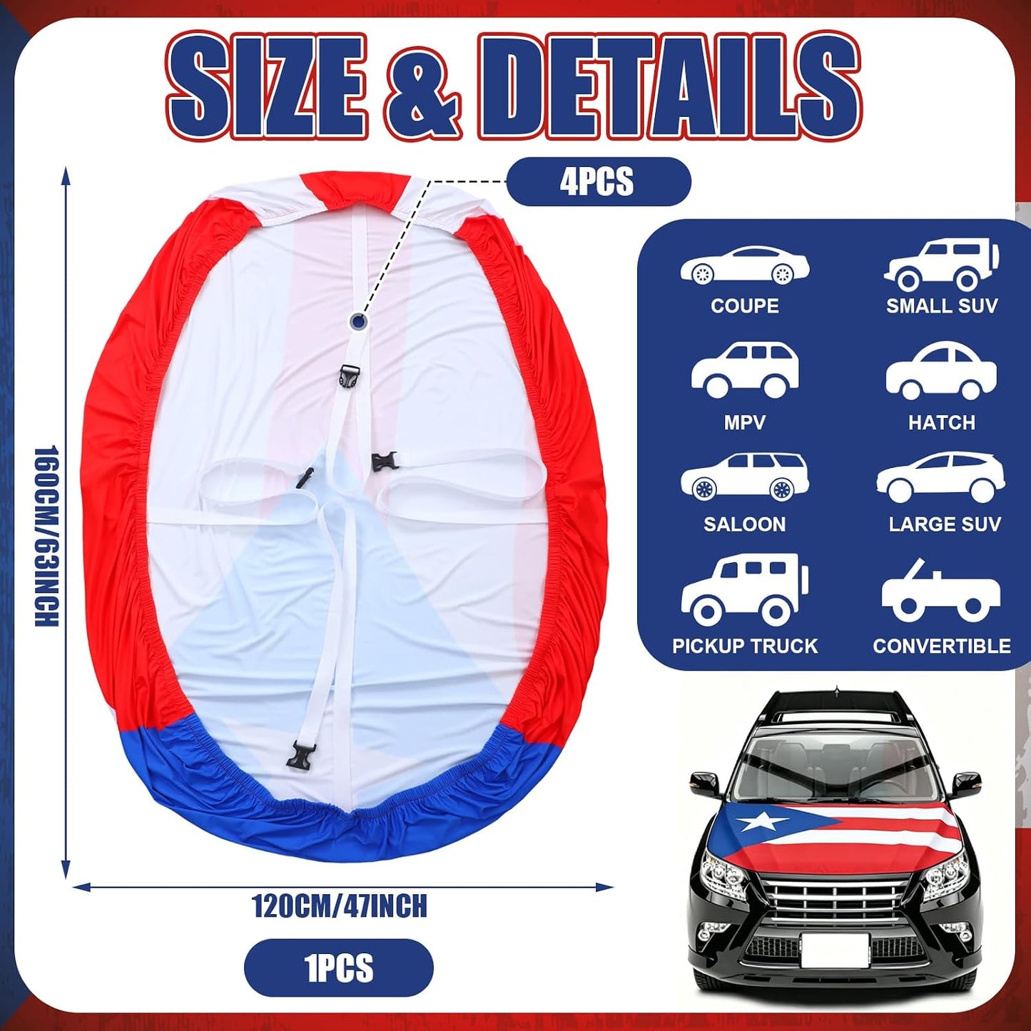 1 Pack Puerto Rico Flag Car Hood Cover 250th Anniversary Weatherproof Car Cover with Adjustable Elastic Straps 63 x 47 Inch Universal Fit Engine Shield for Trucks Suvs All Seasons Outdoor