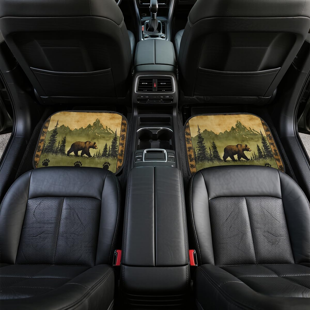 Bear Car Floor Mats Set of 4 Vintage Rustic Forest Lodge Mountain Automotive Foot Mats Rugs Carpet for Car Non-Slip Auto Car Accessories Universal Fit Car Accessories for Truck