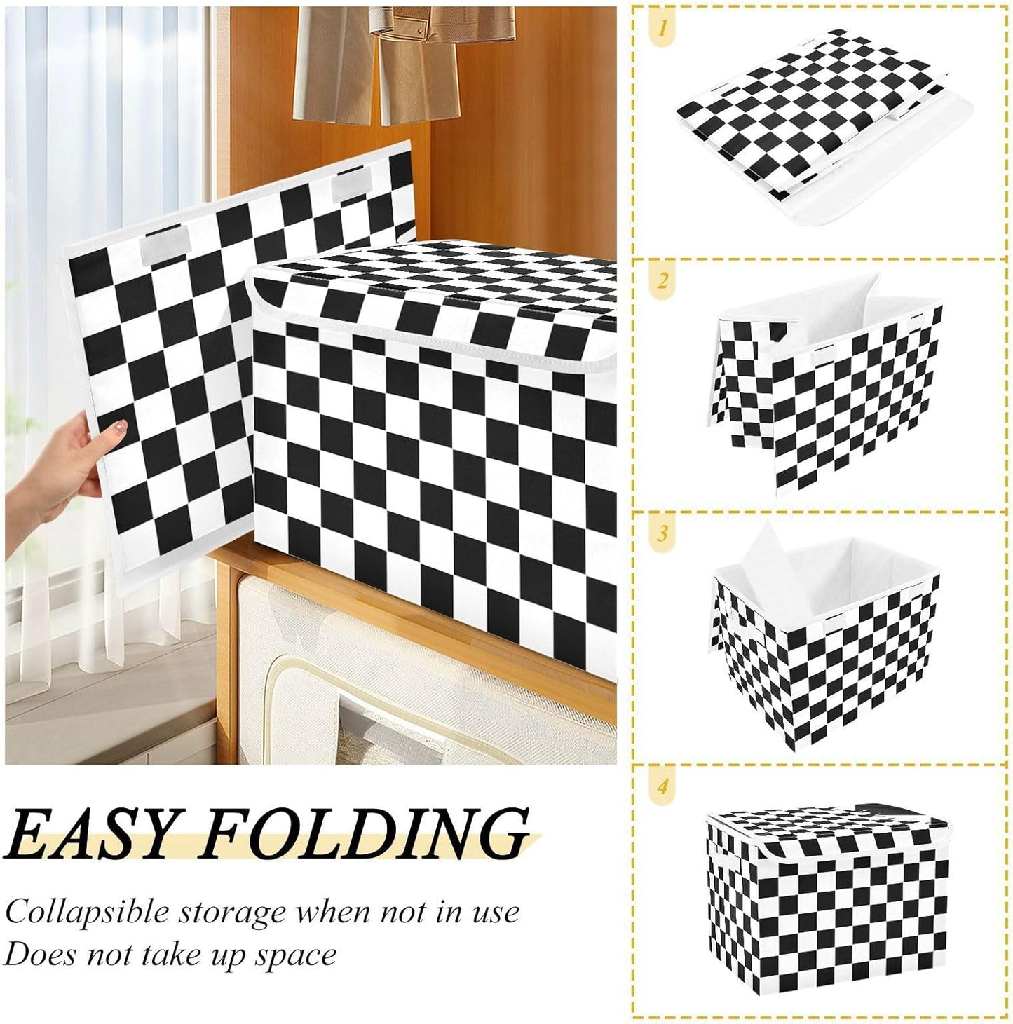 CaTaKu Large Fabric Storage Bins With Lids,Checkered Racing Flag Storage Boxes With Handles for Organizing Clothes, Collapsible Decorative Storage Cube Bins Baskets for Shelves